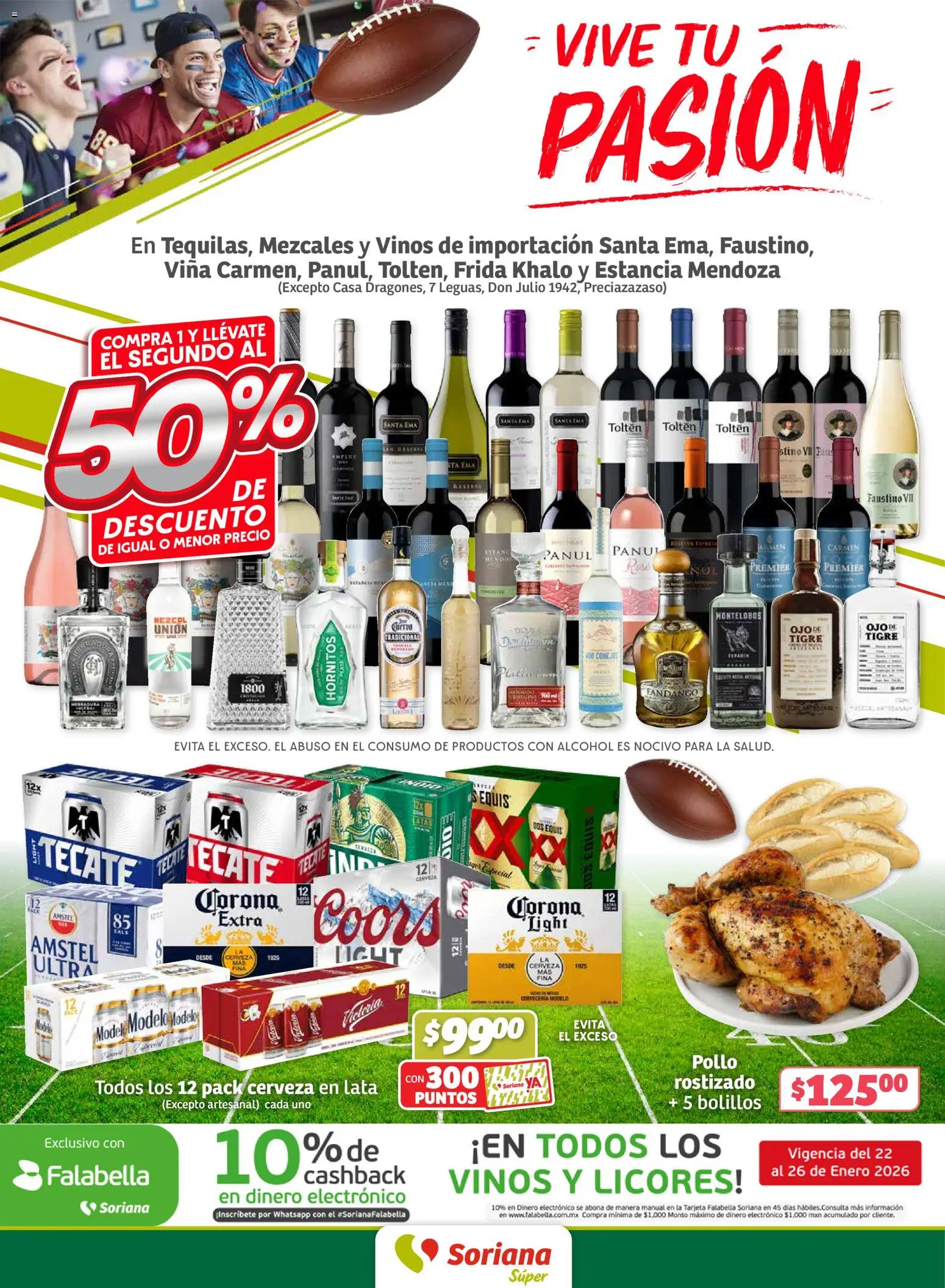 Vista previa las ofertas de la tienda Soriana - Fin de Semana Súper: Ags, Nay, Jal, Qro, Col, Mich, Gto, Hgo, Tlax, Mor, Pue, Gro, Oax, Edo. de Mex, Valle de México, Za desde el 22/01/2026 - Pollo, Cerveza, Alcohol, Cerveza en lata
