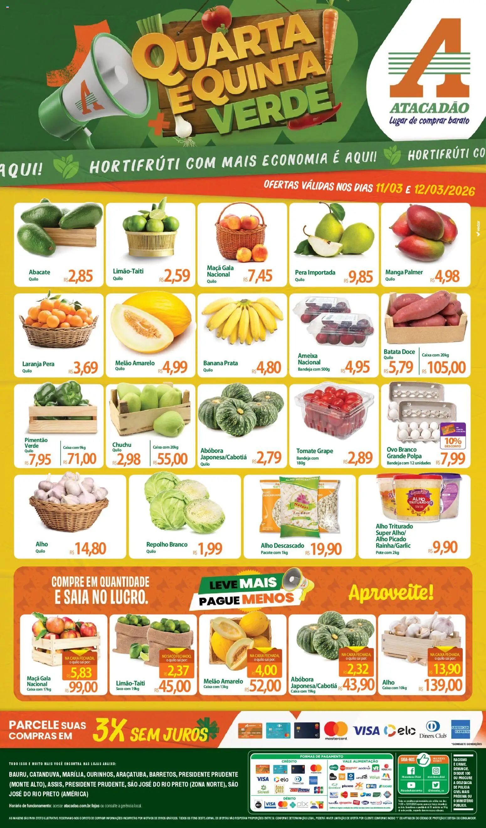 Pré-Visualização do folheto "Atacadão ofertas - SP" da loja Atacadão válido a partir de 11/03/2026 - Caixa, Sal, Tomate, Abacate, Saia, Repolho, Melão, Alho