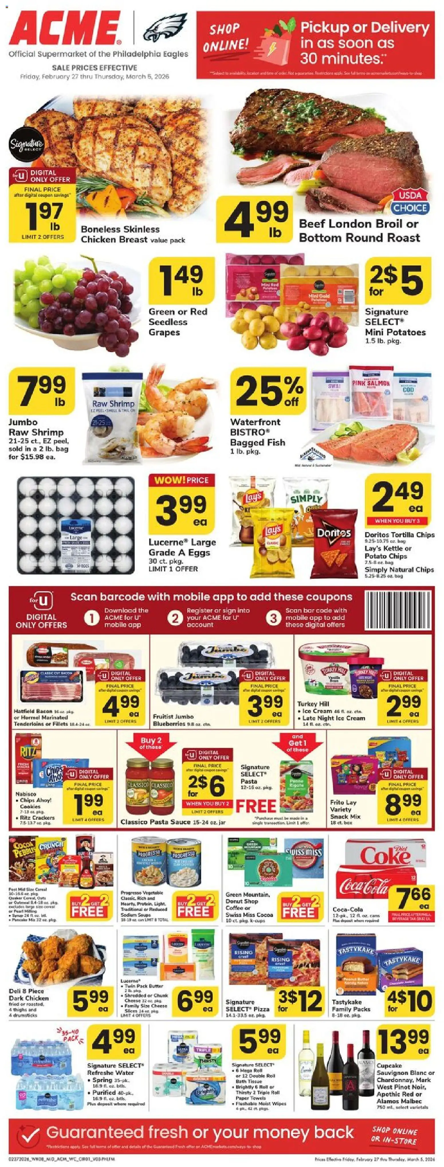 Ad Preview of Acme Weekly Ad from 02/27/2026 - Pizza, Shrimp, Blueberries, Bacon, Bath, Cream, Kettle, Syrup