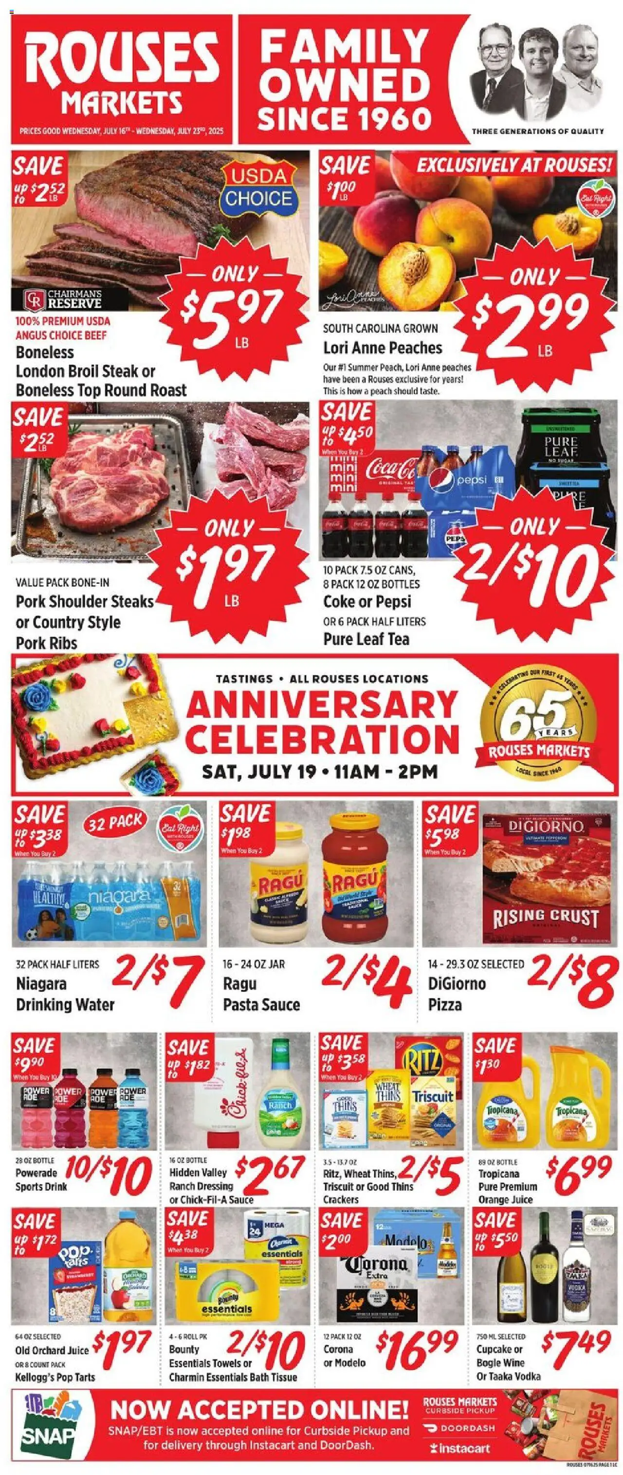 Rouses Weekly Ad - LA from 07/16/2025 - Flyer - Page number 1 - Peaches, Tea, Vodka, Sauce, Sugar, Peach, Cupcake, Steak