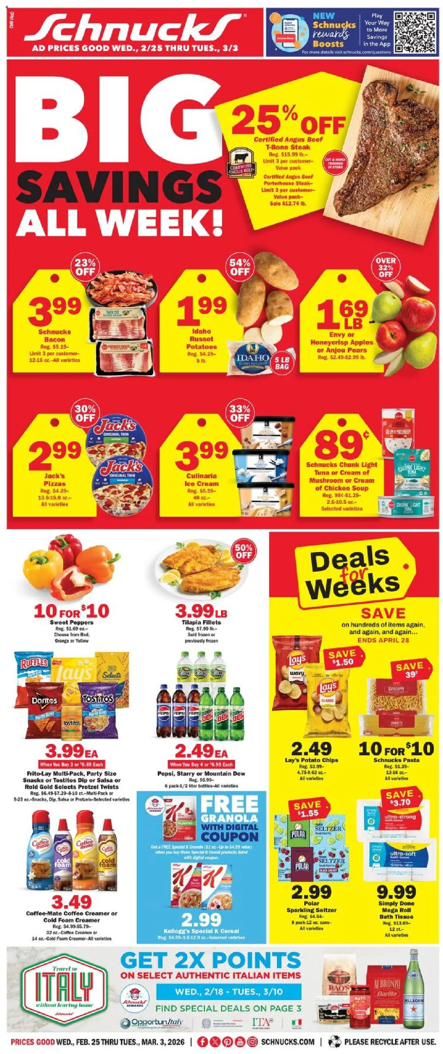 Ad Preview of Schnucks Weekly Ad from 02/25/2026 - Apples, Pasta, Potatoes, Cereal, Tilapia, Bath, Potato chips, Barilla
