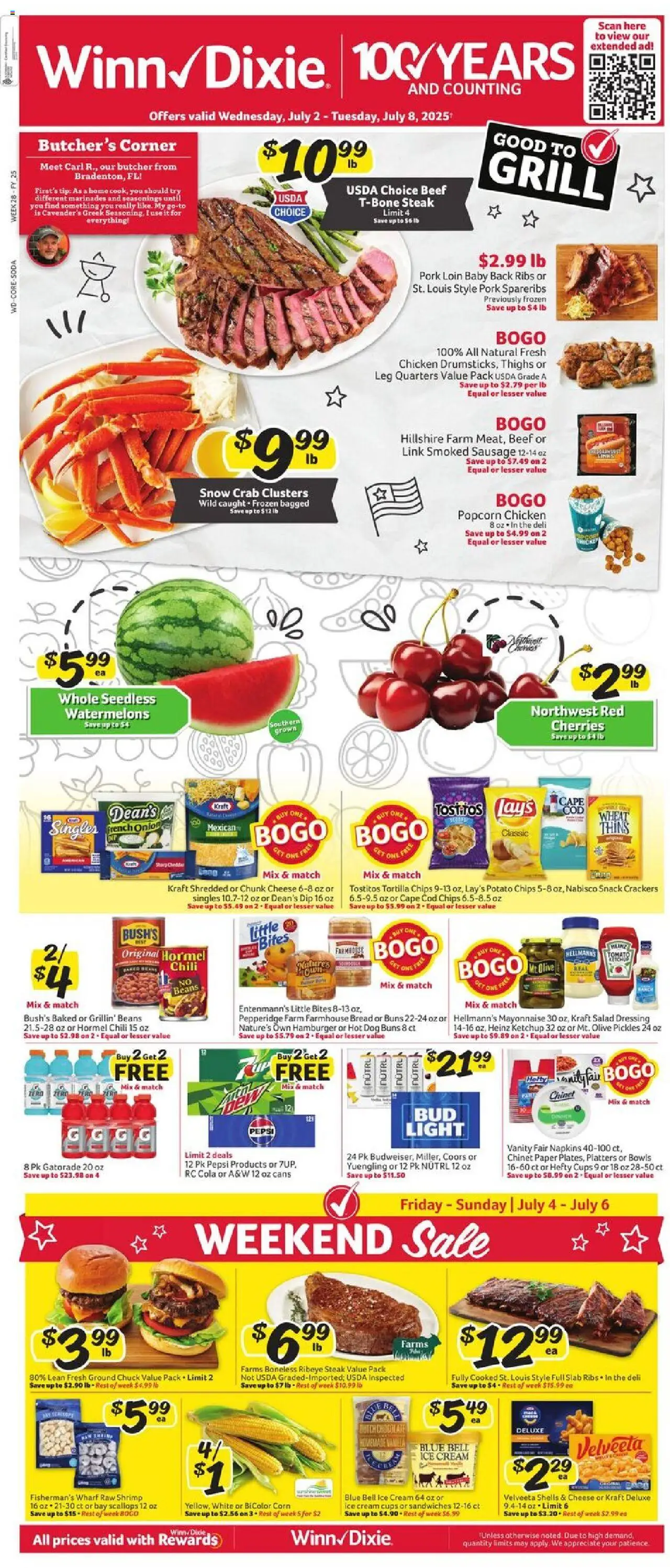 Winn Dixie Weekly Ad from 07/02/2025 - Flyer - Page number 1 - Grill, Bread, Dressing, Cherries, Pickles, Beans, Beef, Cream