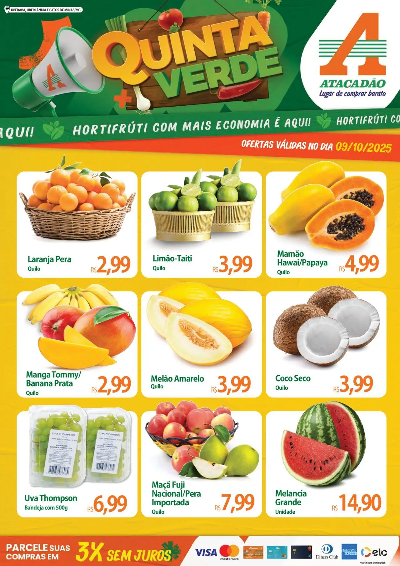Atacadão folheto "Ofertas - MG" válido a partir de 09/10/2025 - número de página 1 - Manga, Melancia, Uva, Pera, Bandeja, Melão, Mamão, Melão amarelo