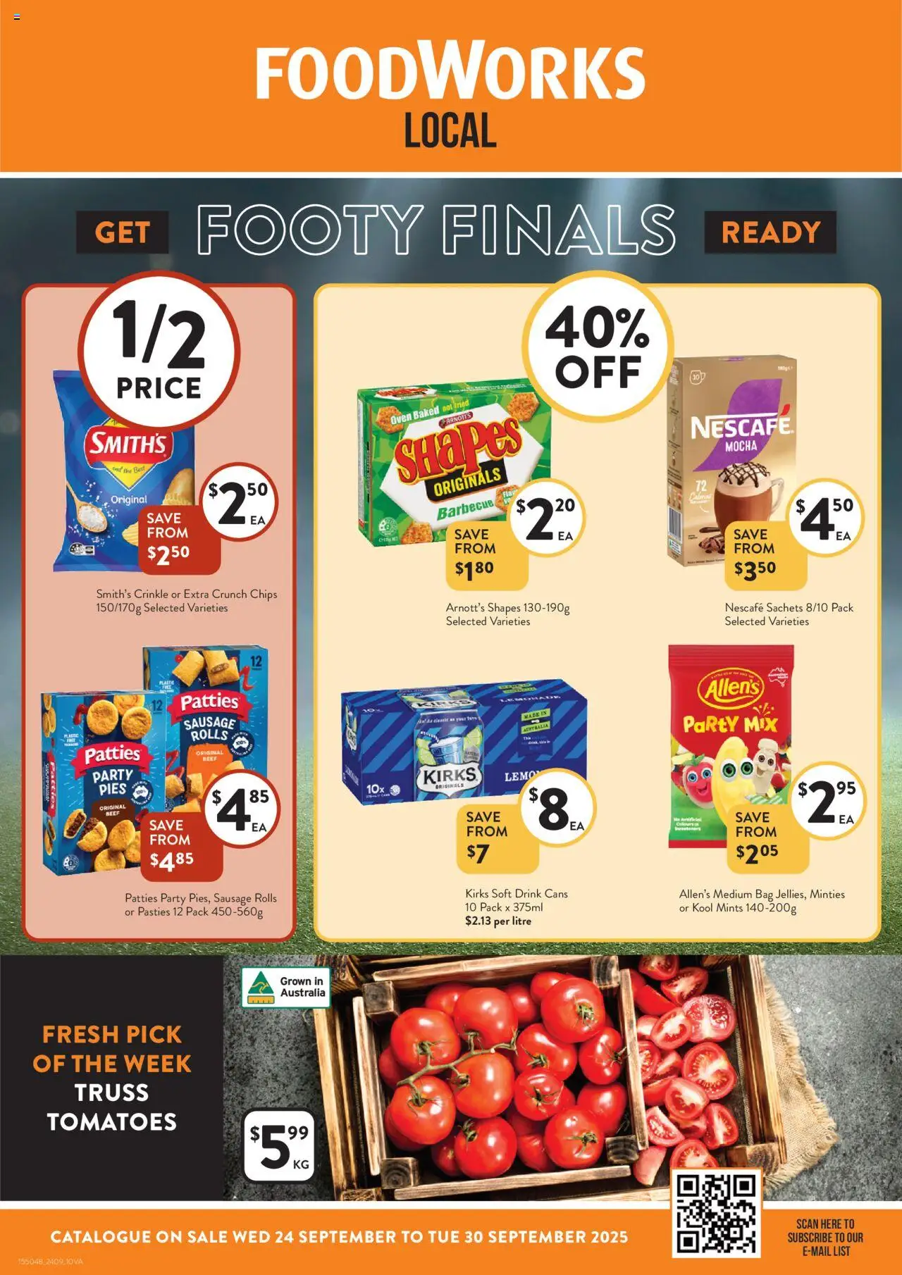 Foodworks catalogue valid from 24/09/2025 - page 1 - Sweeteners, Tomatoes, Sachets, Sausage, Pies, Nescafe, Bag, Oven
