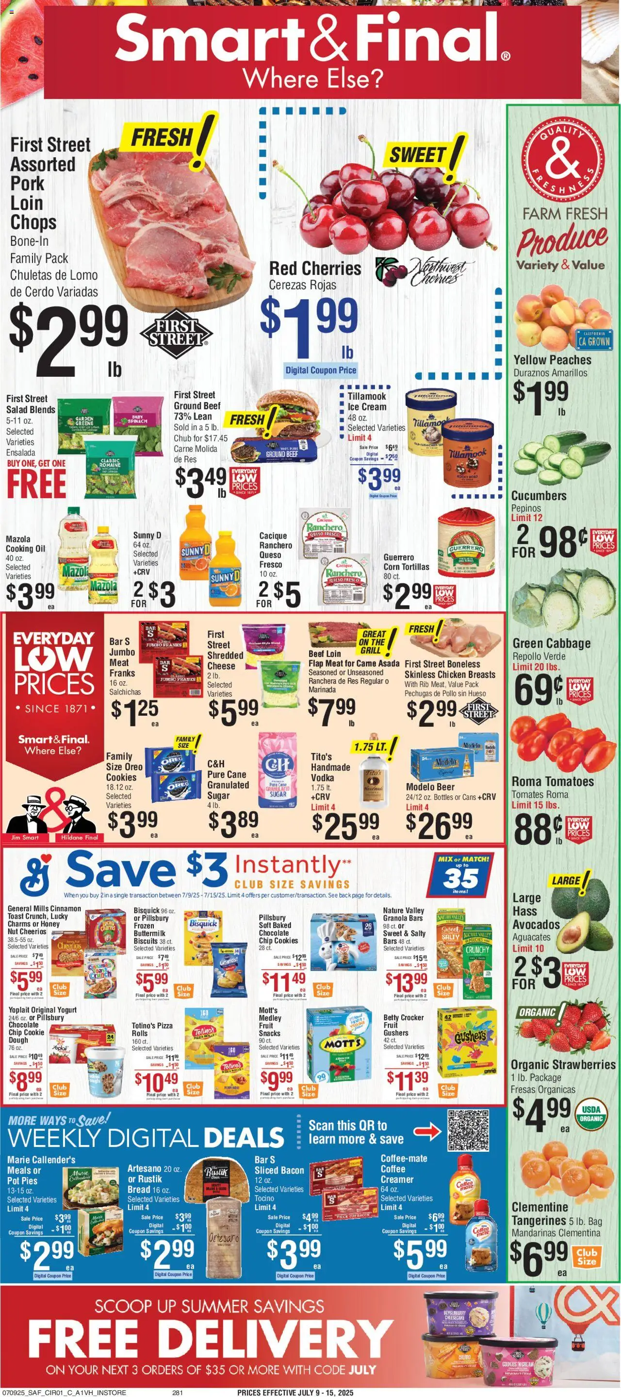 Smart & Final Weekly Ad from 07/09/2025 - Flyer - Page number 1 - Romaine, Meat, Cheese, Chocolate, Pizza, Strawberries, Greens, Chocolate Chip