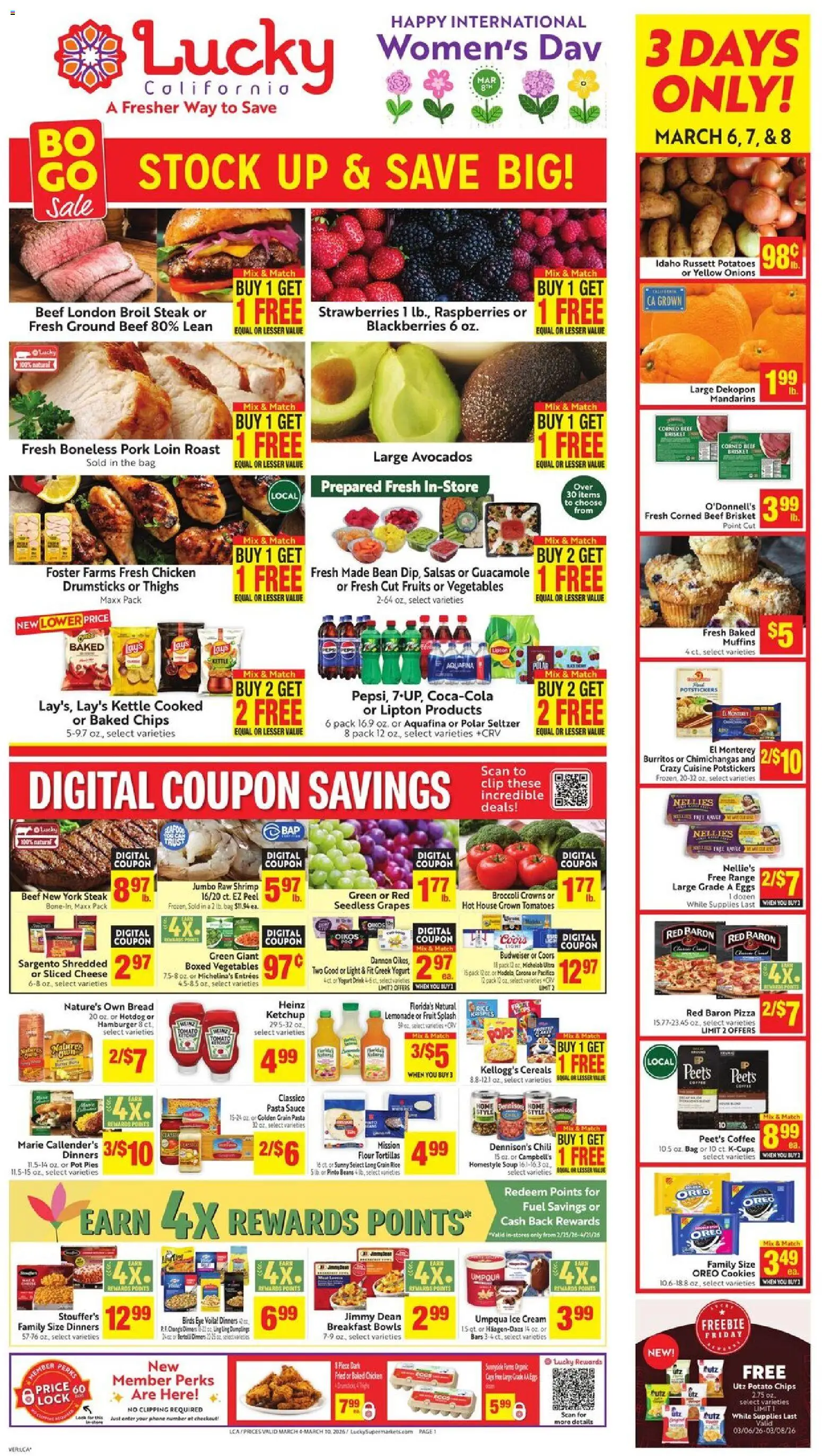 Ad Preview of Lucky Supermarkets Lucky Supermarkets Weekly Ad from 03/04/2026 - Coffee, Fruits, Tomato, Lemonade, Oreo, Greek yogurt, Clip, Seedless grapes