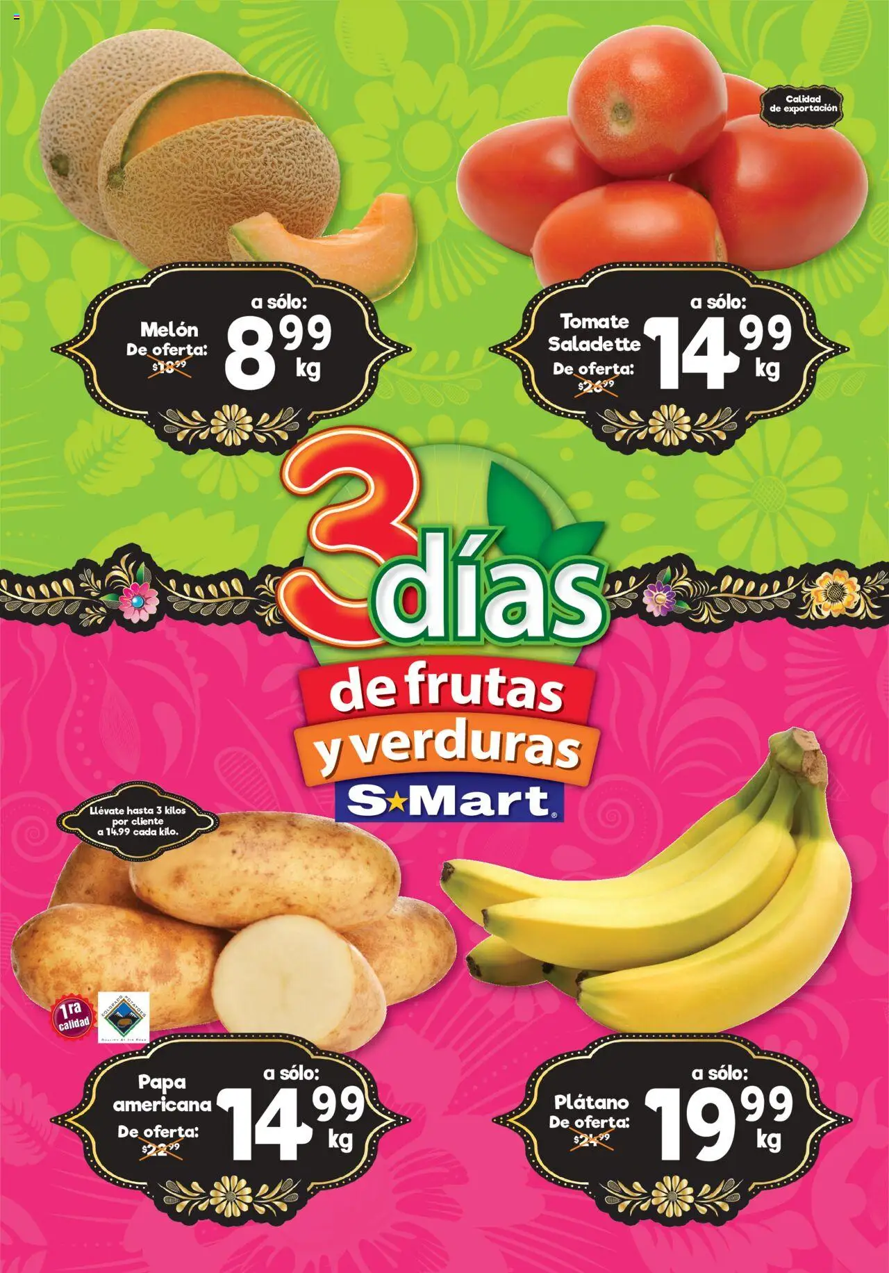 Folleto - Juarez S-Mart y sus promociones válidas desde el 12/08/2025 - Número de página 1 - Papa, Verduras, Tomate, Plátano, Melón