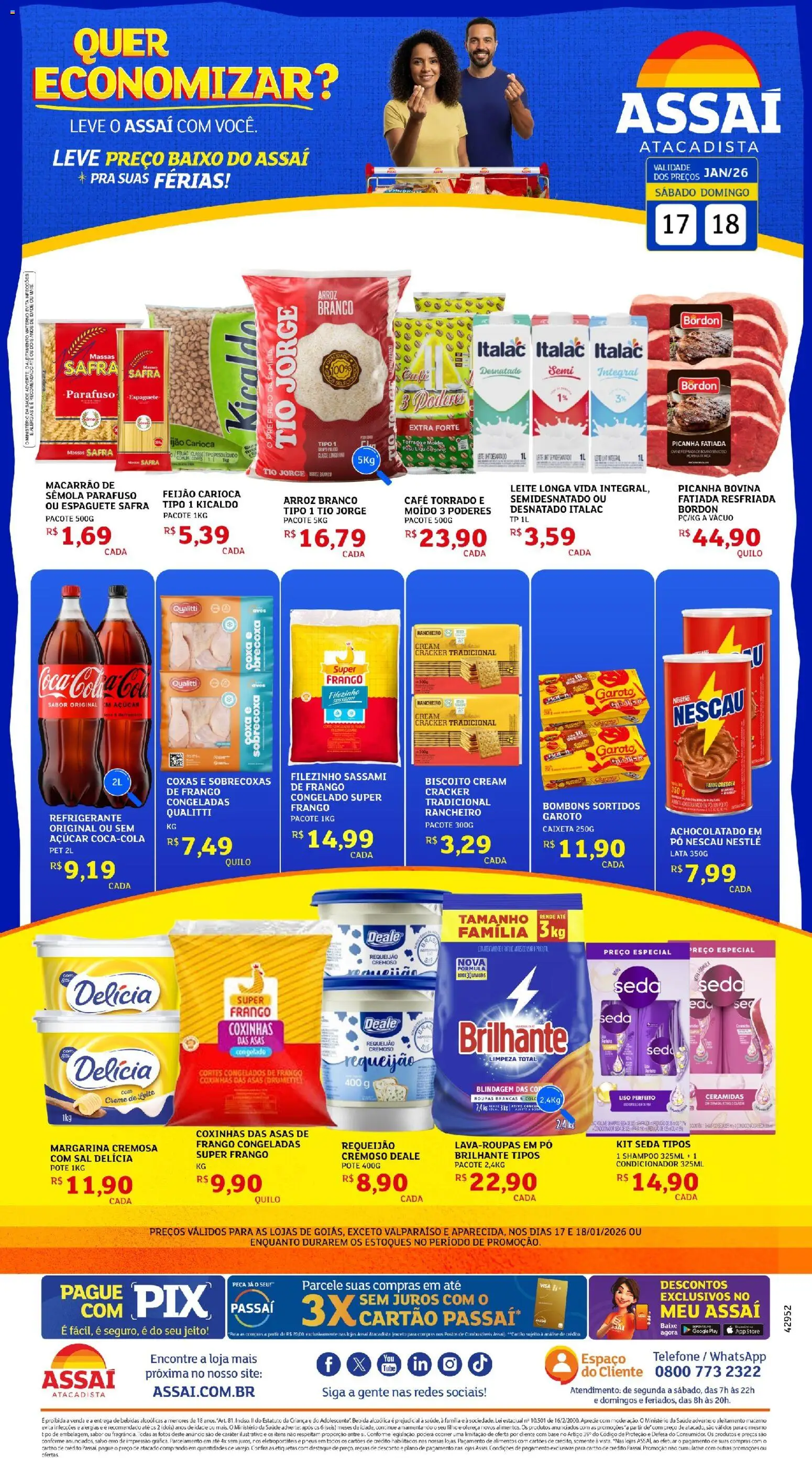 Pré-Visualização do folheto "Encarte - GO" da loja Assaí Atacadista válido a partir de 17/01/2026 - Café, Telefone, Picanha, Bebida, Condicionador, Achocolatado, Cream cracker, Macarrão de sêmola