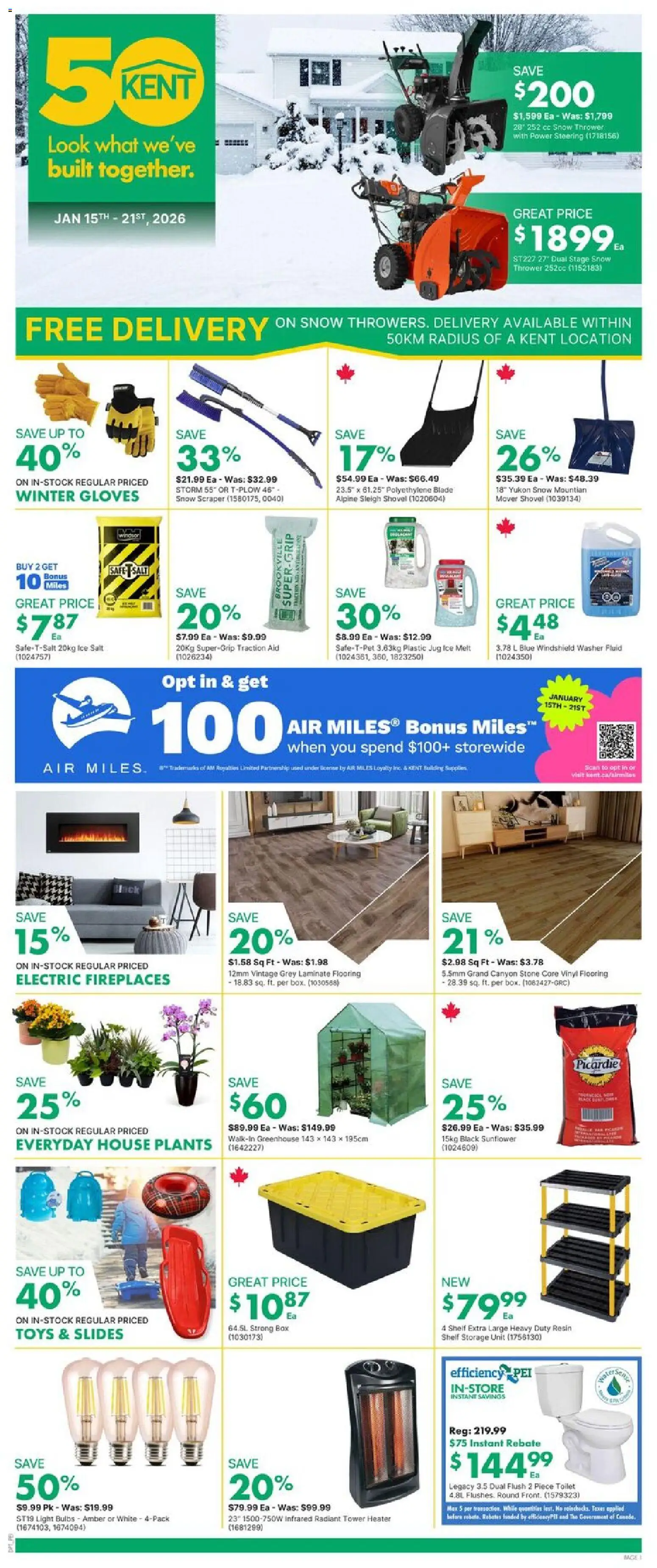Preview of leaflet Weekly Flyer - PE from shop Kent is valid from Jan 15, 2026 - Toys, Ice, Sunflower, Shelf, Salt, Gloves, Light bulbs, Scraper