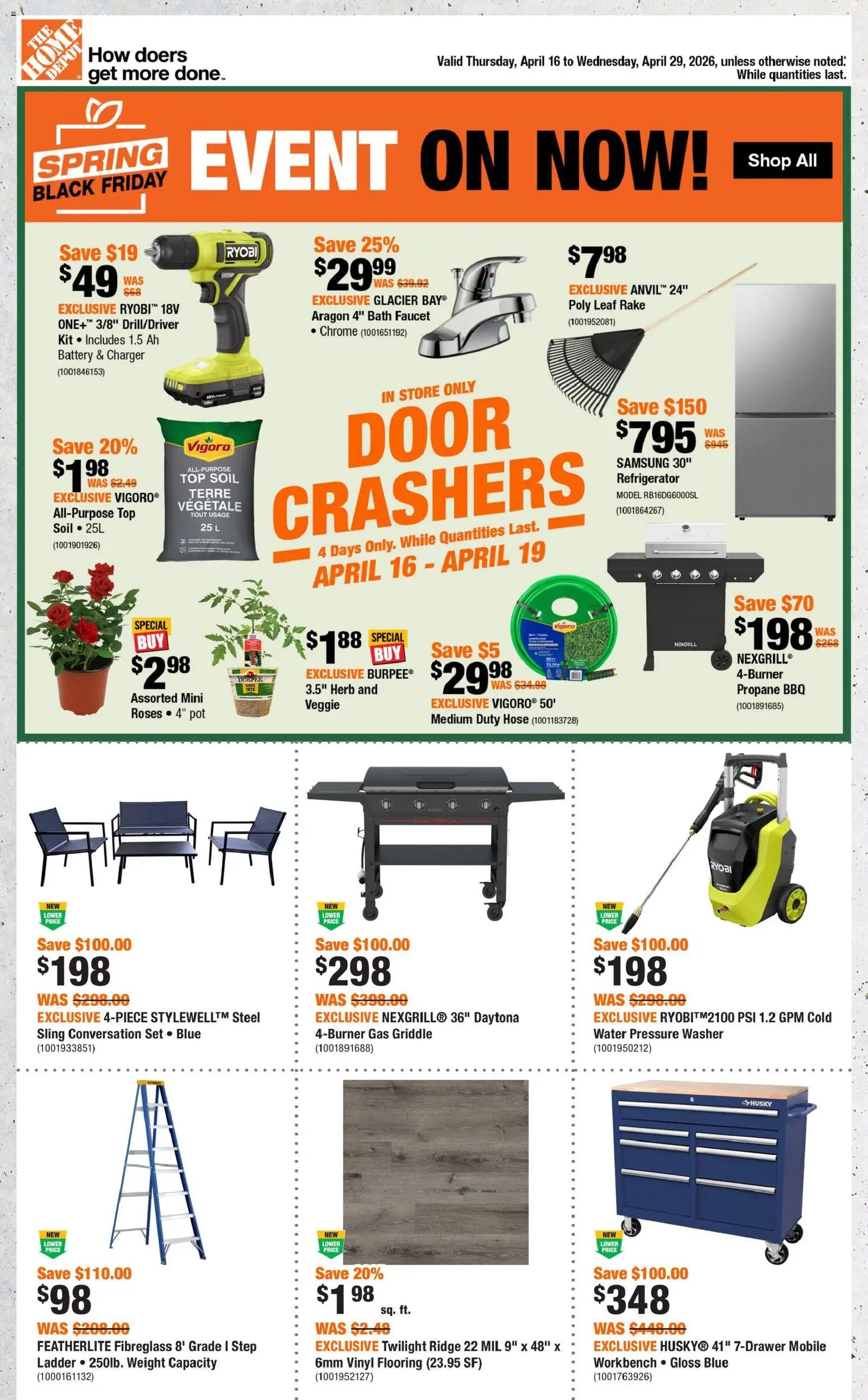 Preview of leaflet Home Depot weekly flyer -QC from shop Home Depot is valid from Apr 16, 2026 - Water, Battery, Refrigerator, Door, Ryobi, Bath, Soil, Ridge