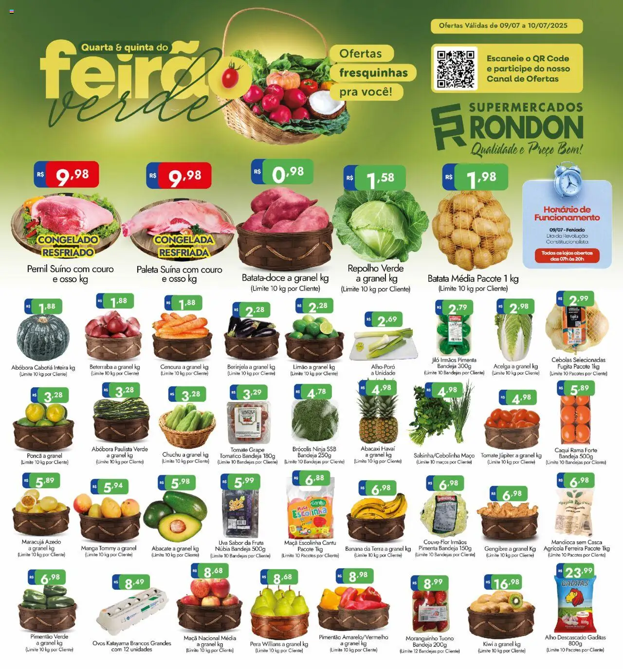 Supermercados Rondon folheto "Ofertas da semana" válido a partir de 09/07/2025 - número de página 1 - Maracujá, Tomate, Pimenta, Pimentão, Repolho, Ovos, Abacaxi, Bandeja
