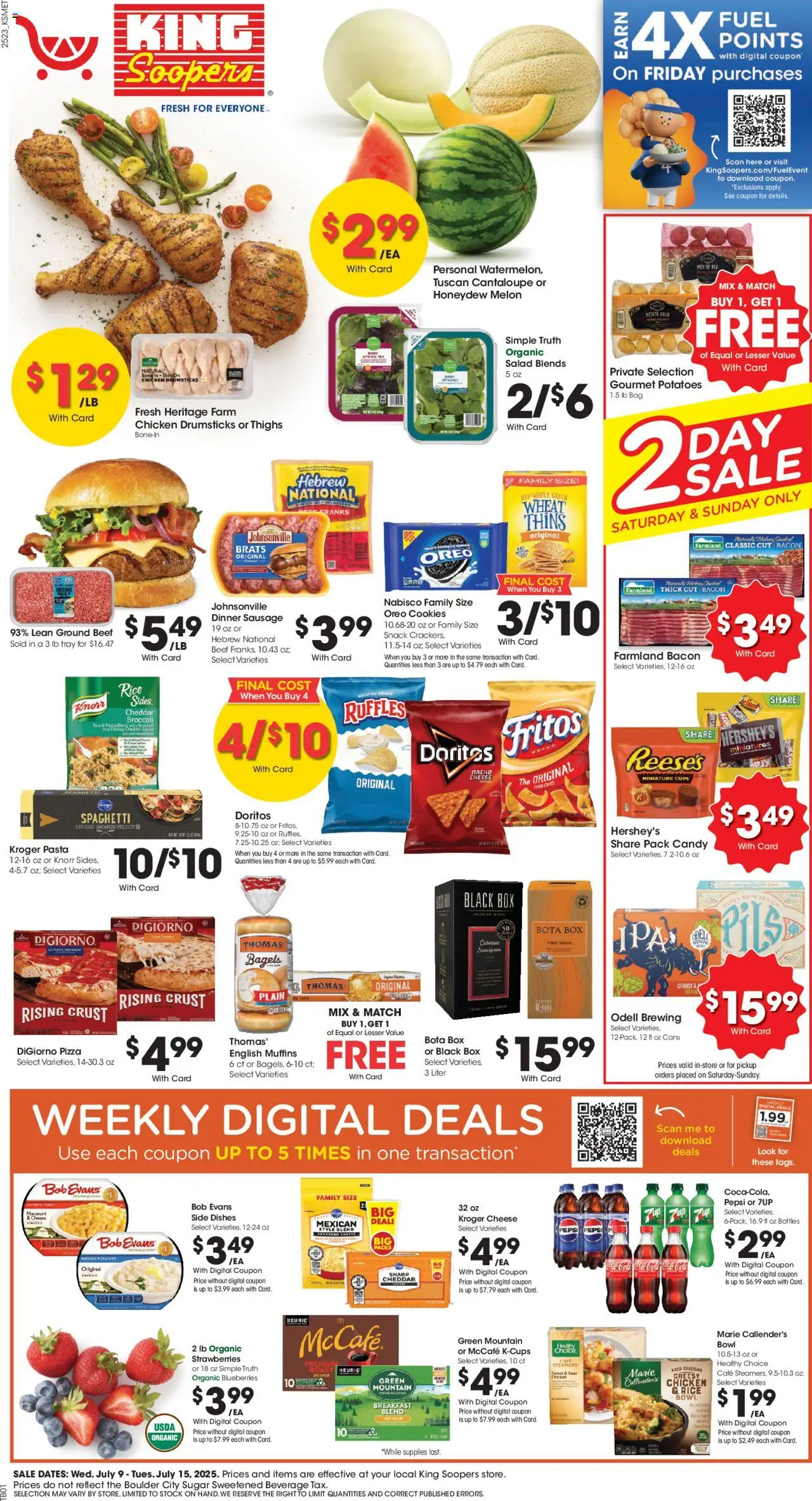 King Soopers Weekly Ad - CO from 07/09/2025 - Flyer - Page number 1 - Corn, Chicken, Beef, Oreo, Strawberries, Potatoes, Sauce, Drumsticks