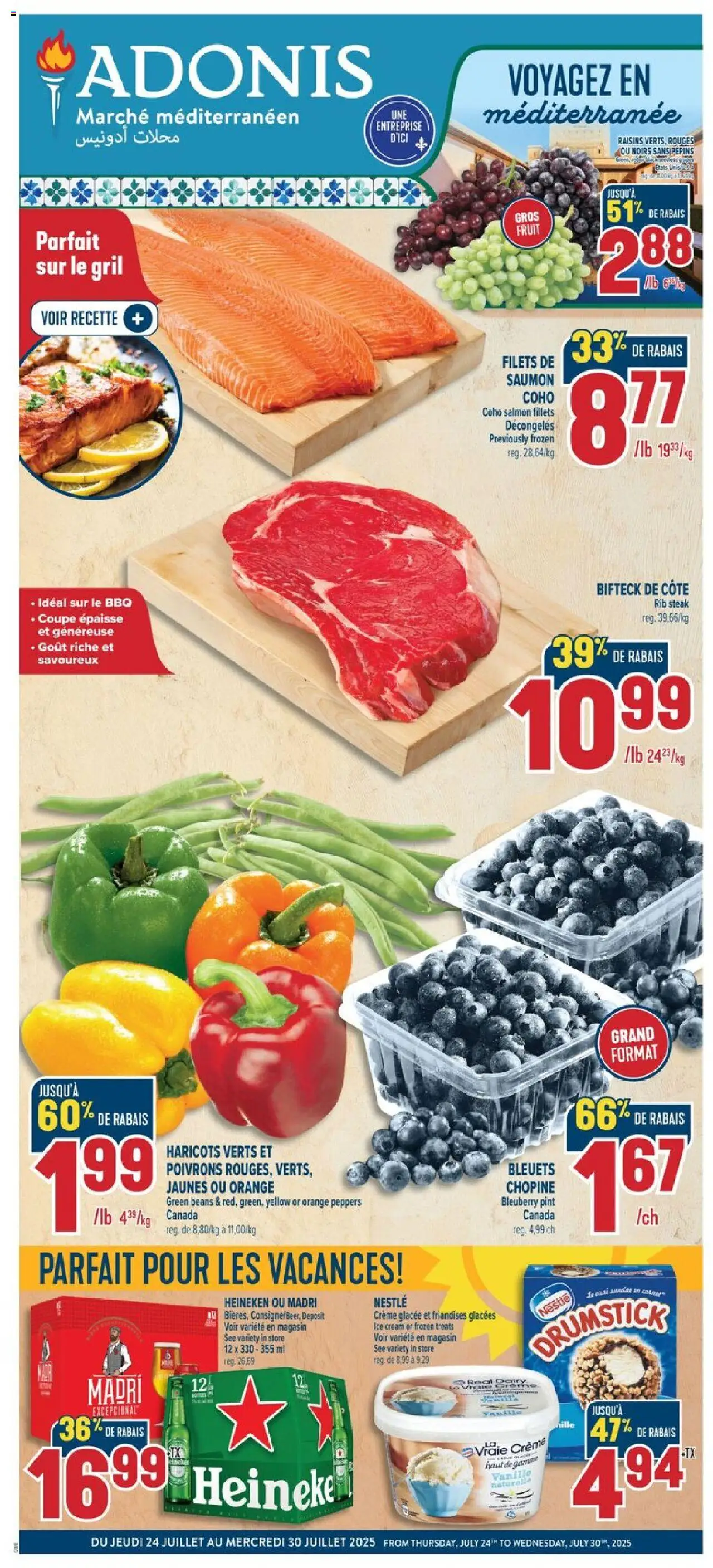 Adonis flyer valid from Jul 24, 2025 - page number 1 - Cream, Ice cream, Fruit, Salmon, Raisins, Steak, Beans, Ice
