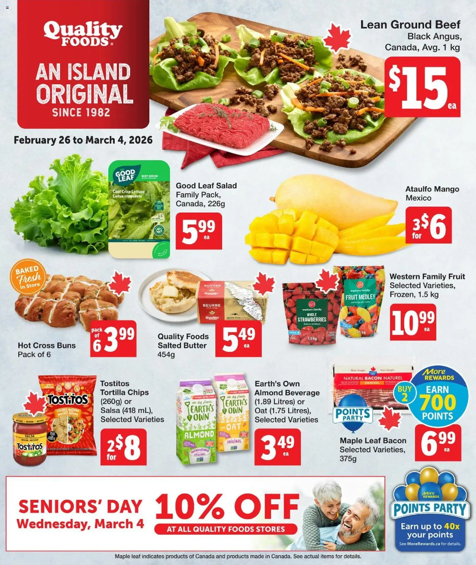 Preview of leaflet Weekly flyer / circulaire from shop Quality Foods is valid from Feb 26, 2026 - Mango, Fruit, Chips, Butter, Beef, Bacon, Ground beef, Tortilla chips