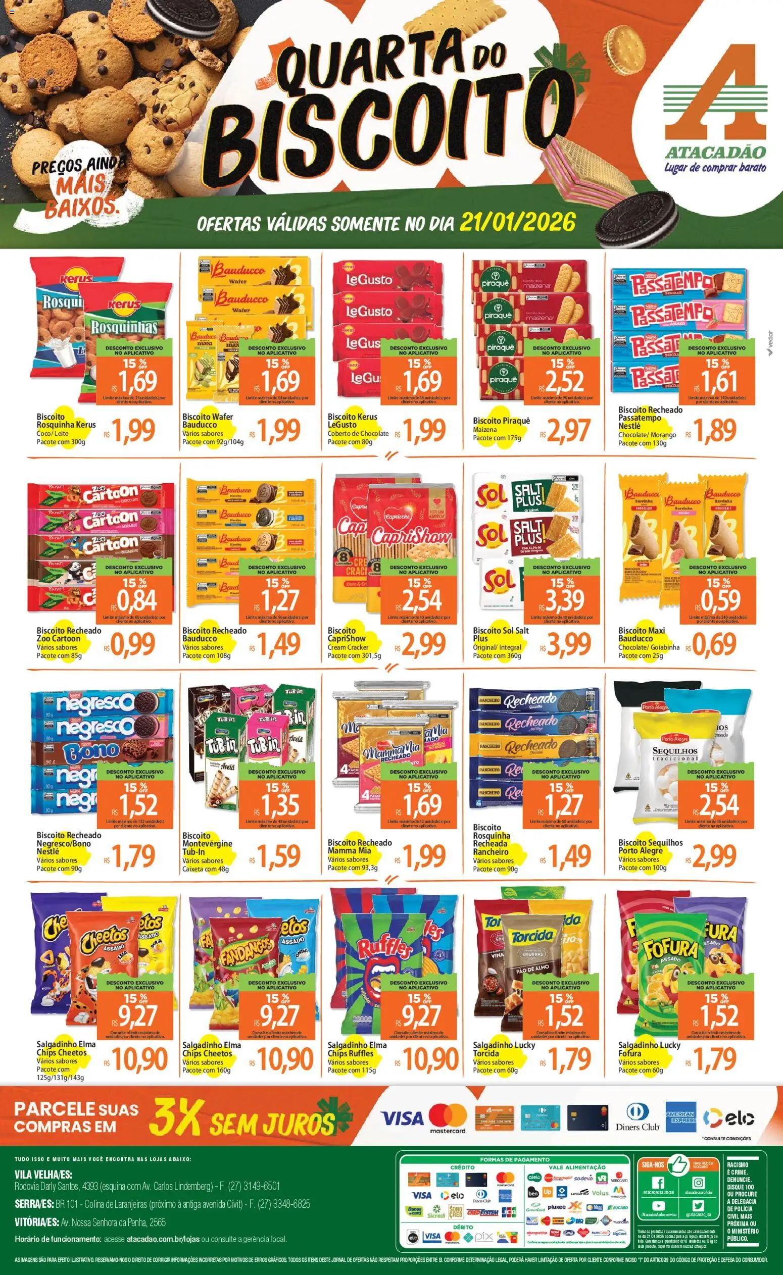Pré-Visualização do folheto "Ofertas - ES" da loja Atacadão válido a partir de 21/01/2026 - Chocolate, Pão, Cheetos, Elma Chips, Pó, Avelã, Rosquinha, Cream cracker