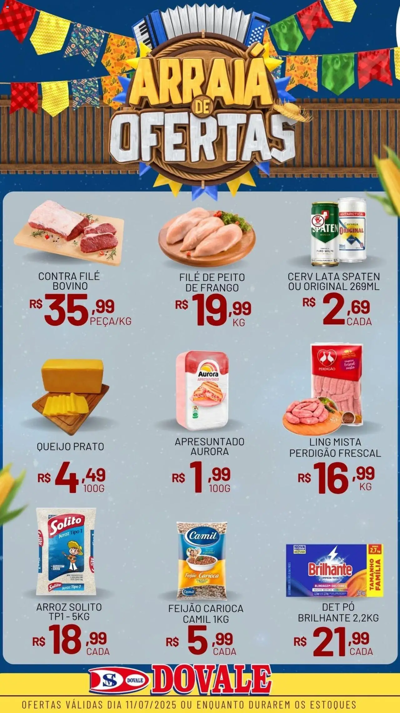 Dovale folheto "Ofertas do Dia" válido a partir de 11/07/2025 - número de página 1 - Feijão, Pó, Contra filé, Queijo, Cerveja, Arroz, Frango