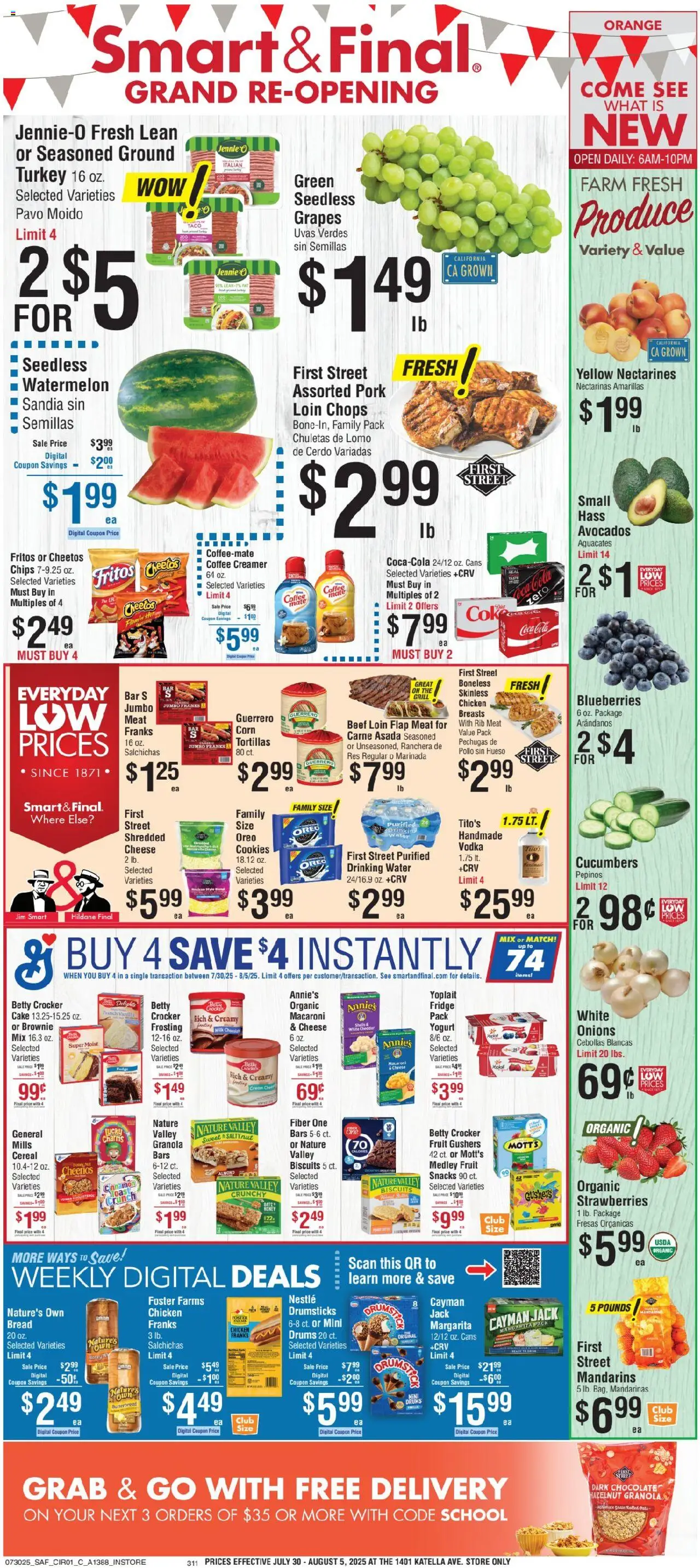 Smart & Final Grand Opening from 07/30/2025 - Flyer - Page number 1 - Cookies, Cake, Cheese, Milk, Blueberries, Cucumbers, Mandarins, Drumsticks