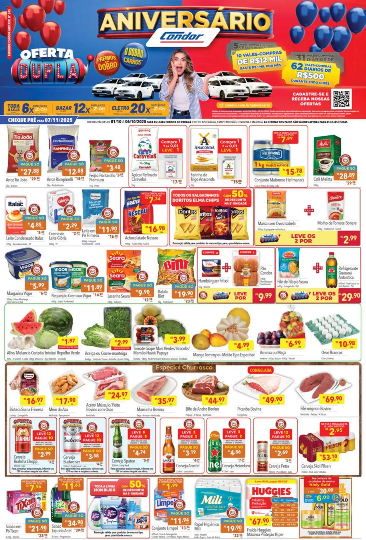 Supermercados Condor folheto "Ofertas Dupla" válido a partir de 01/10/2025 - número de página 1 - Melancia, Salgadinhos, Feijão, Ariel, Couve, Requeijão, Pó, Espaguete