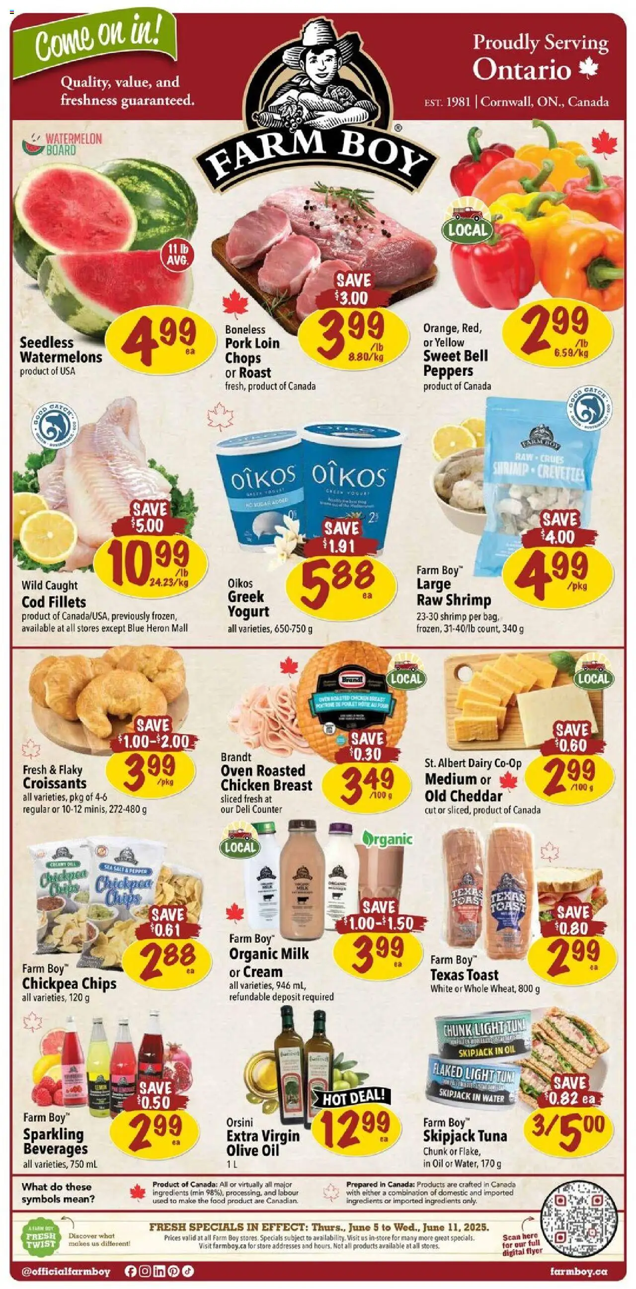 Farm Boy flyer valid from Jun 05, 2025 - page number 1 - Food, Chips, Watermelon, Toast, Pork, Oven, Chicken breast, Ingredients