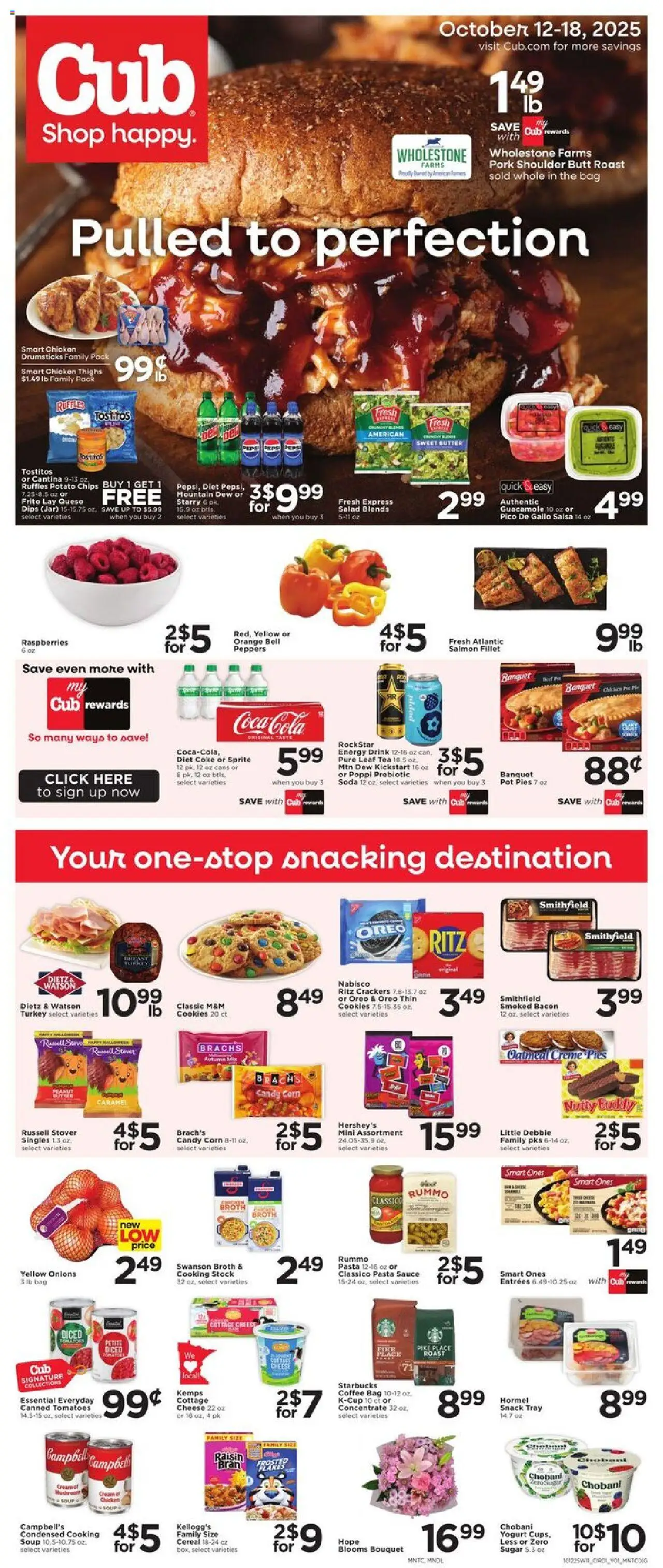 Ad Preview of Cub Foods Weekly Ad from 10/12/2025 - Candy, Salmon, Yogurt, Bacon, Bag, Pork, Chicken broth, Flakes