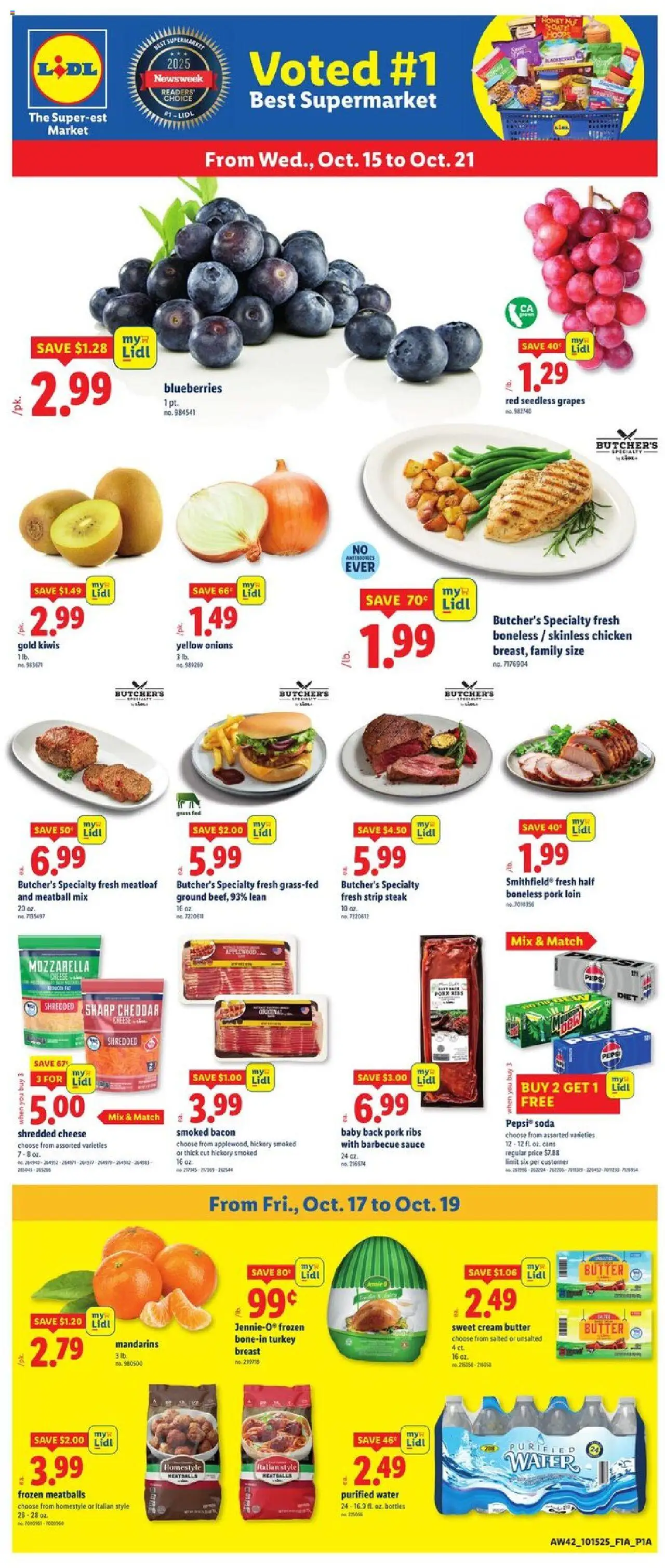 Lidl Weekly Ad from 10/15/2025 - Circular, Weekly flyer - Page number 1 - Turkey, Blueberries, Bacon, Mandarins, Cream, Mozzarella, Cheddar cheese, Seedless grapes