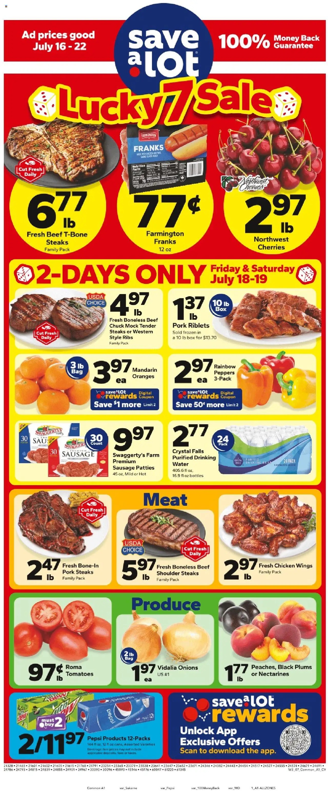 Save a Lot Weekly Ad from 07/16/2025 - Flyer - Page number 1 - Box, Oranges, Tomatoes, Pepsi, Sausage, Plums, Pork, Chicken