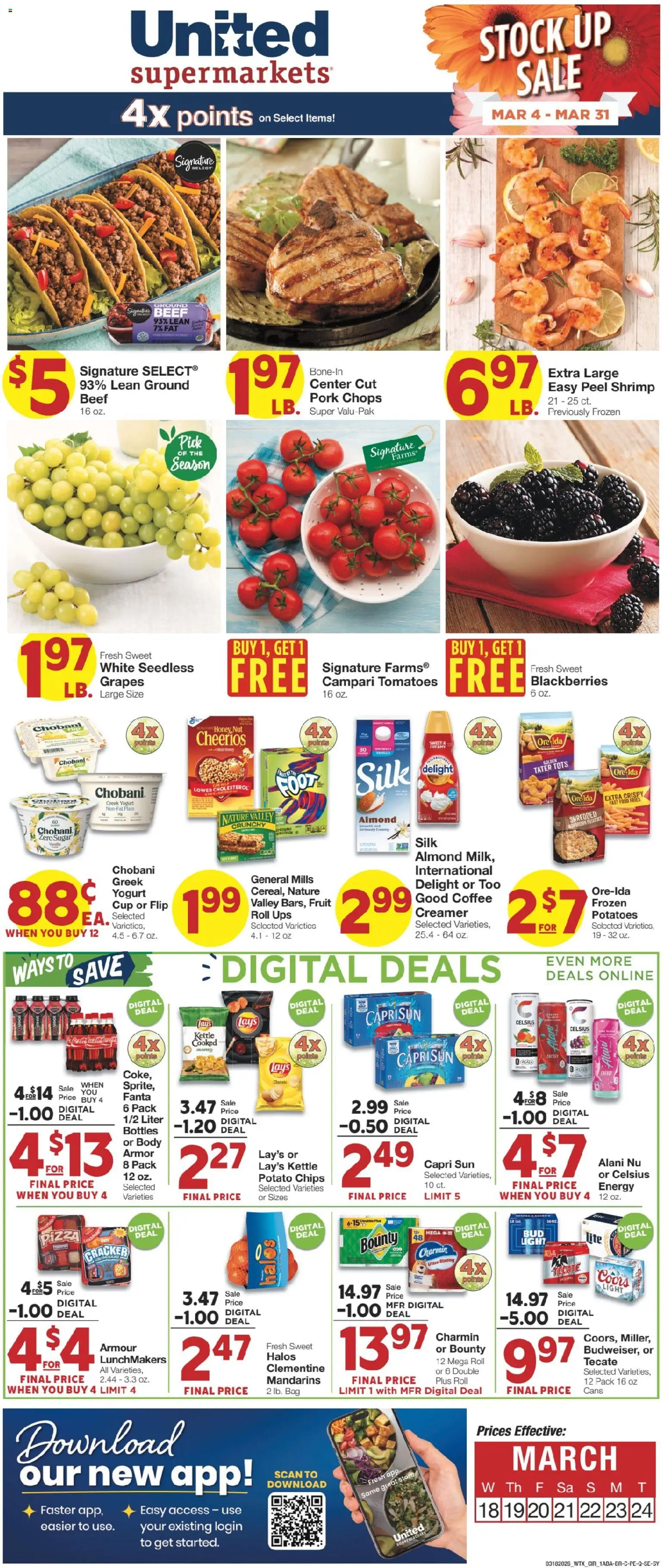 Ad Preview of United Supermarkets United Supermarkets Weekly Ad from 03/17/2026 - Pizza, Coffee, UPS, Potatoes, Greek yogurt, Beef, Mandarins, Campari