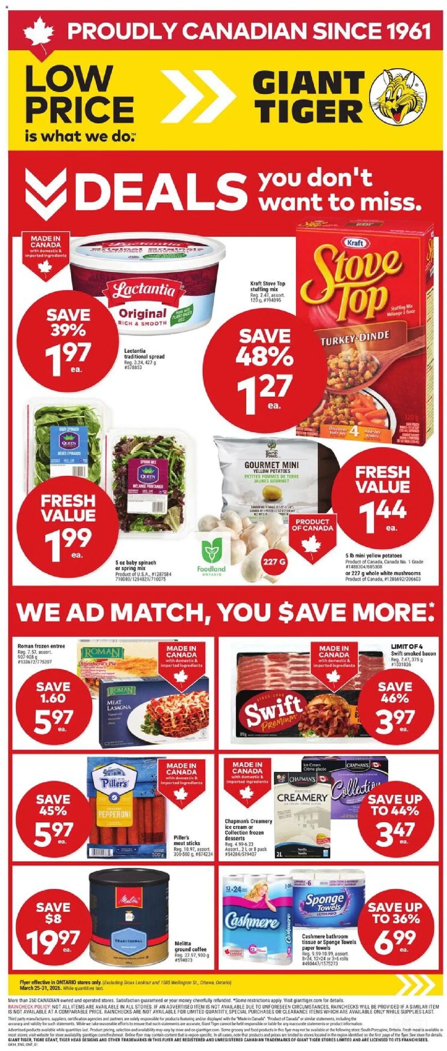 Preview of leaflet Weekly Flyer from shop Giant Tiger is valid from Mar 25, 2026 - Coffee, Food, Meat, Bacon, Paper towels, Towels, Sponge, Spread
