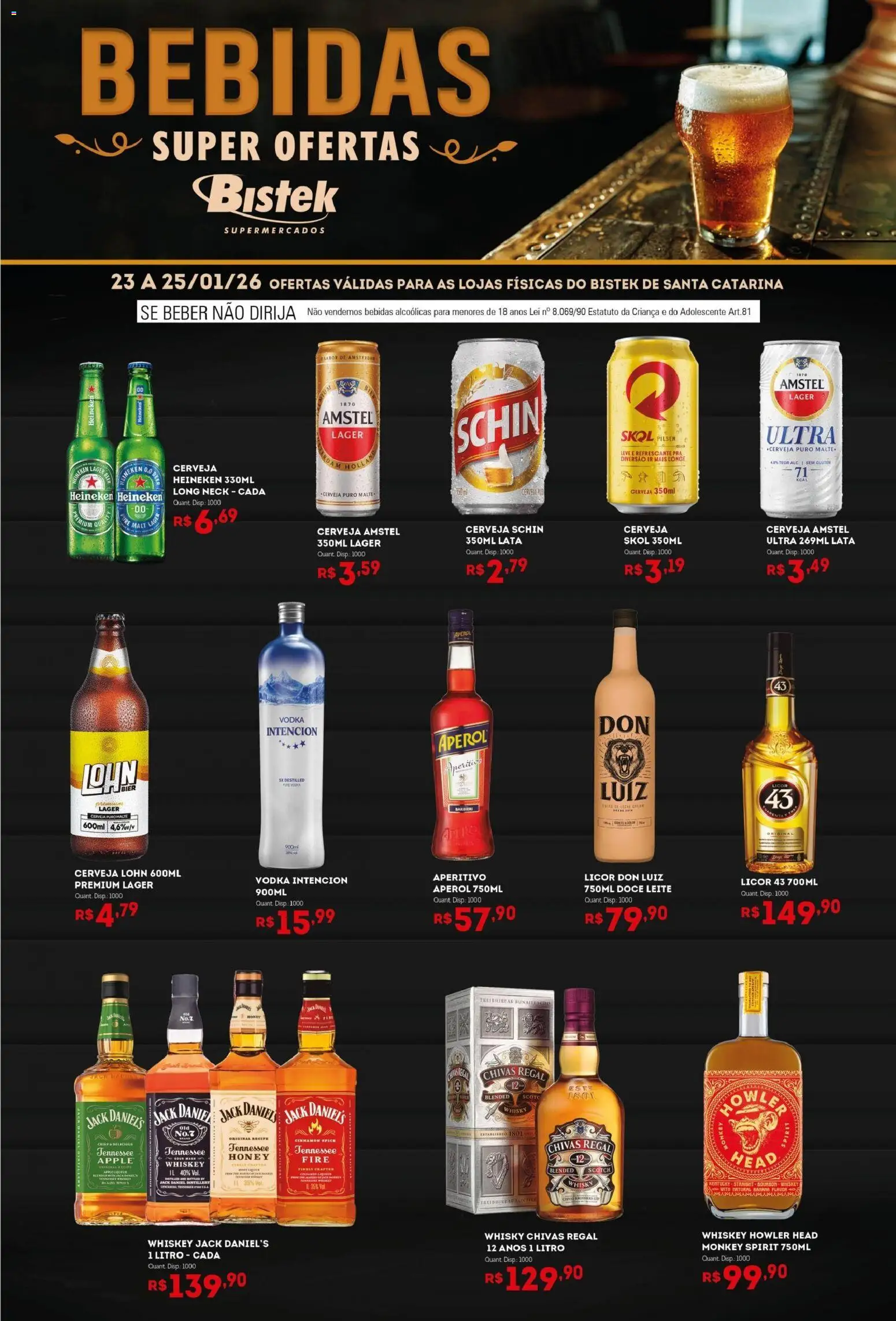Pré-Visualização do folheto "Ofertas Bebidas" da loja Bistek Supermercados válido a partir de 23/01/2026 - Whisky, Licor 43, Cerveja, Bebidas, Vodka, Leite, Doce, Licor