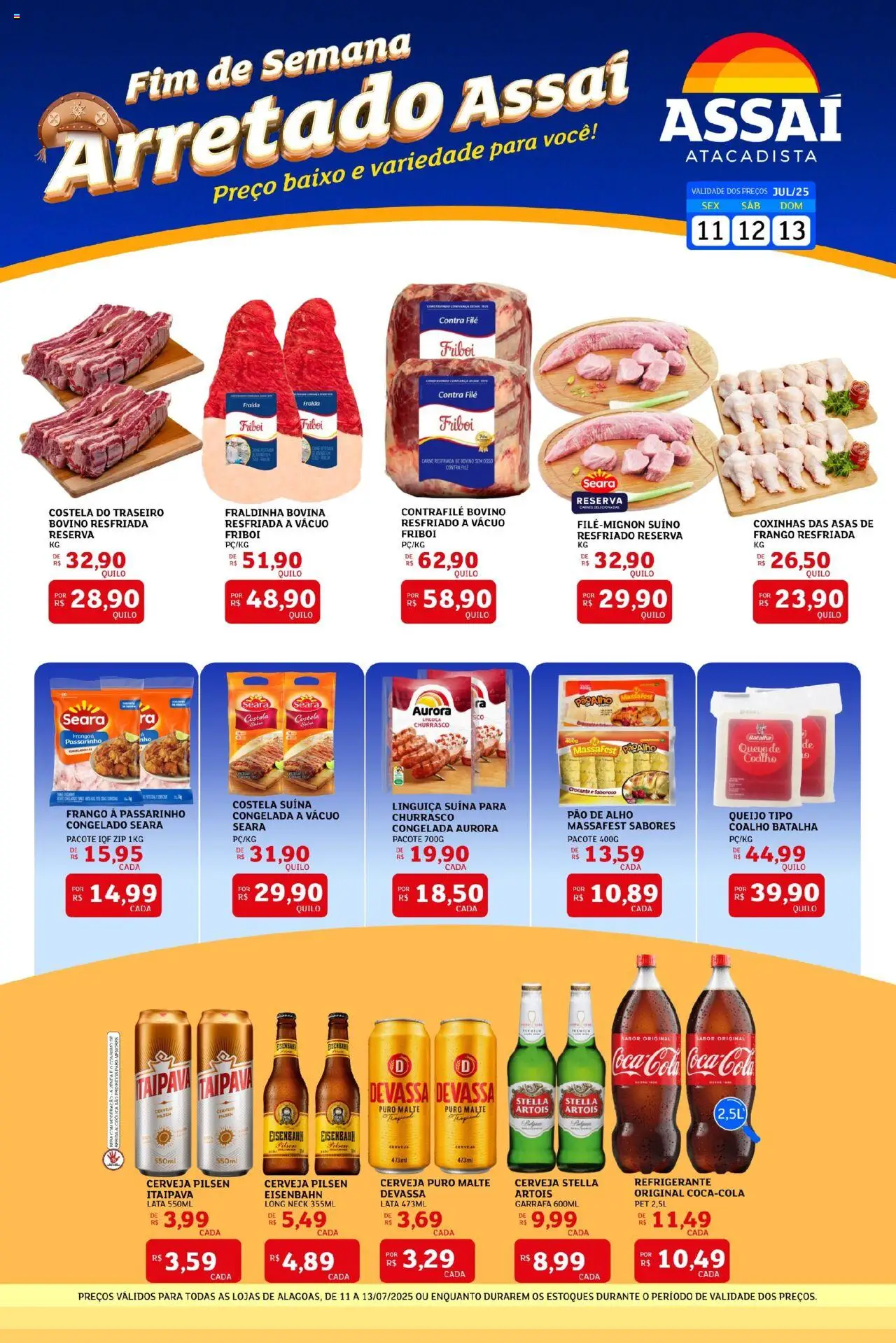 Assaí Atacadista folheto "Encarte - AL" válido a partir de 11/07/2025 - número de página 1 - Alho, Linguiça, Contra filé, Fraldinha, Eisenbahn, Queijo, Cerveja, Baixo
