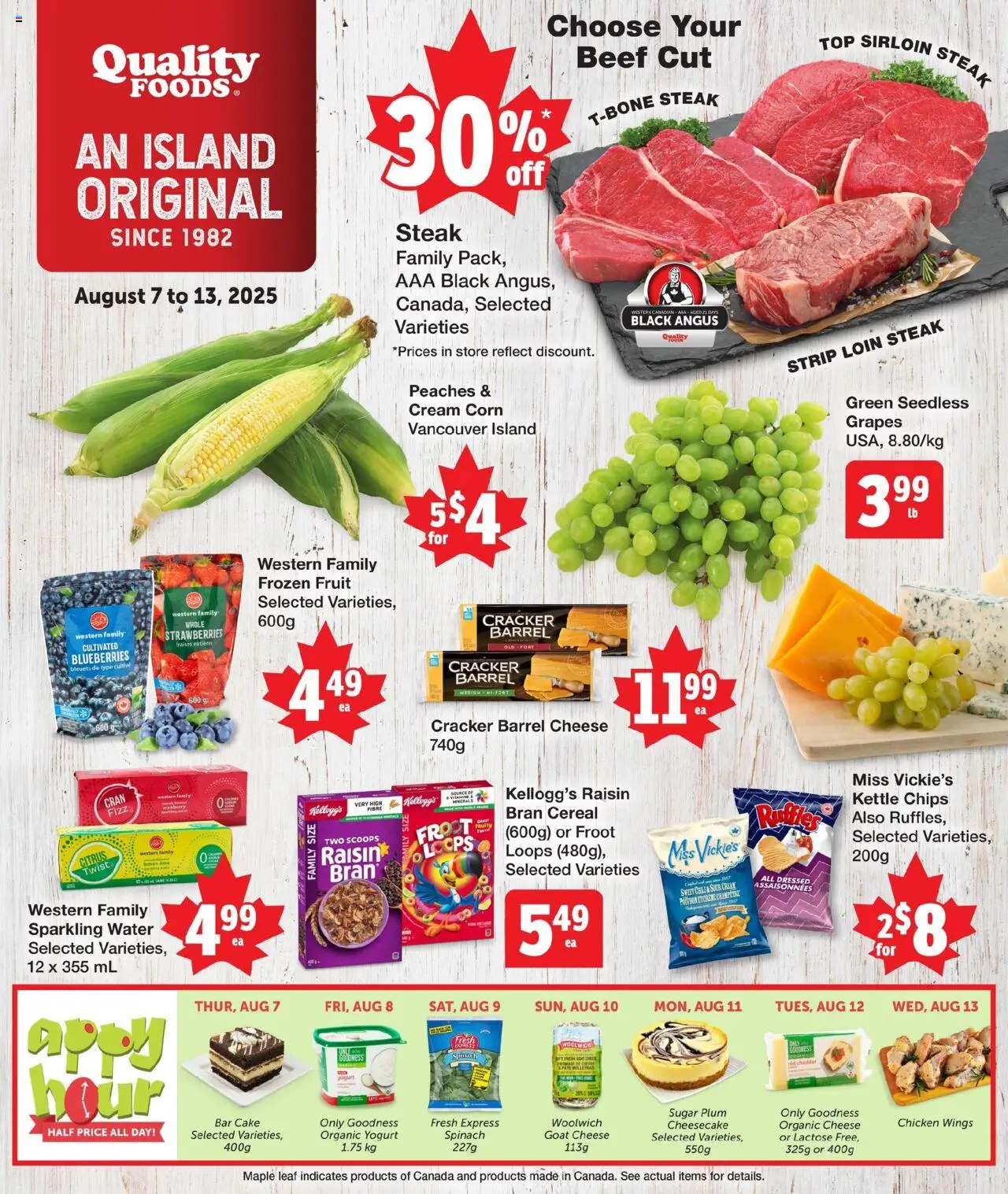 Quality Foods flyer valid from Aug 07, 2025 - page number 1 - Cake, Fruit, Blueberries, Spinach, Cream, Pâté, Sour cream, Frozen fruit