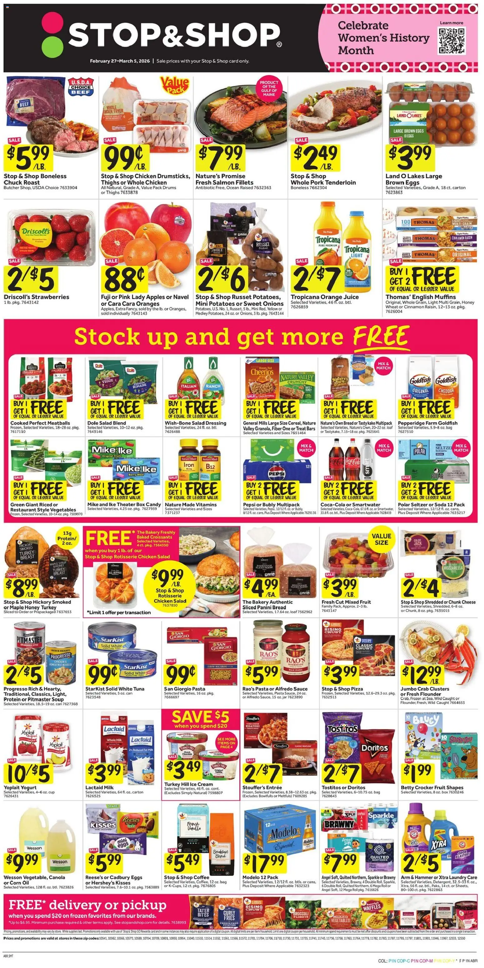 Ad Preview of Stop & Shop Weekly Circular - NY from 02/27/2026 - Waffles, Box, Fruits, Juice, Sauce, Pork tenderloin, Romaine, Fresh salmon
