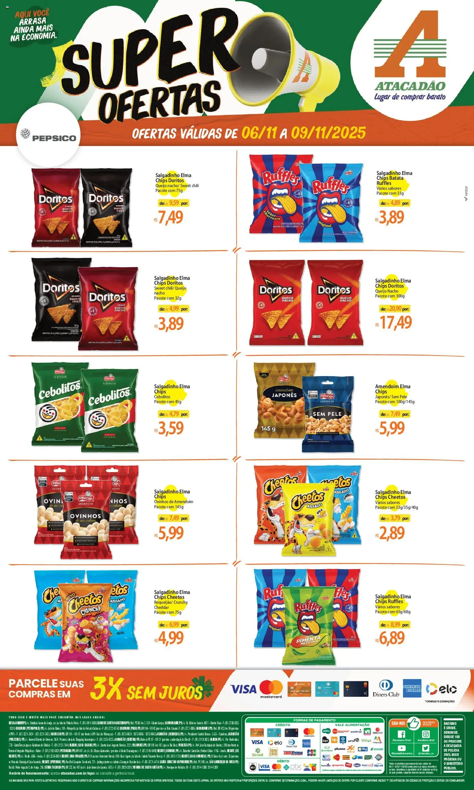 Pré-Visualização do folheto "Ofertas - PE" da loja Atacadão válido a partir de 06/11/2025 - Amendoim, Amendoins, Queijo, Cheetos, Pimenta, Cheddar, Cola, Cabo