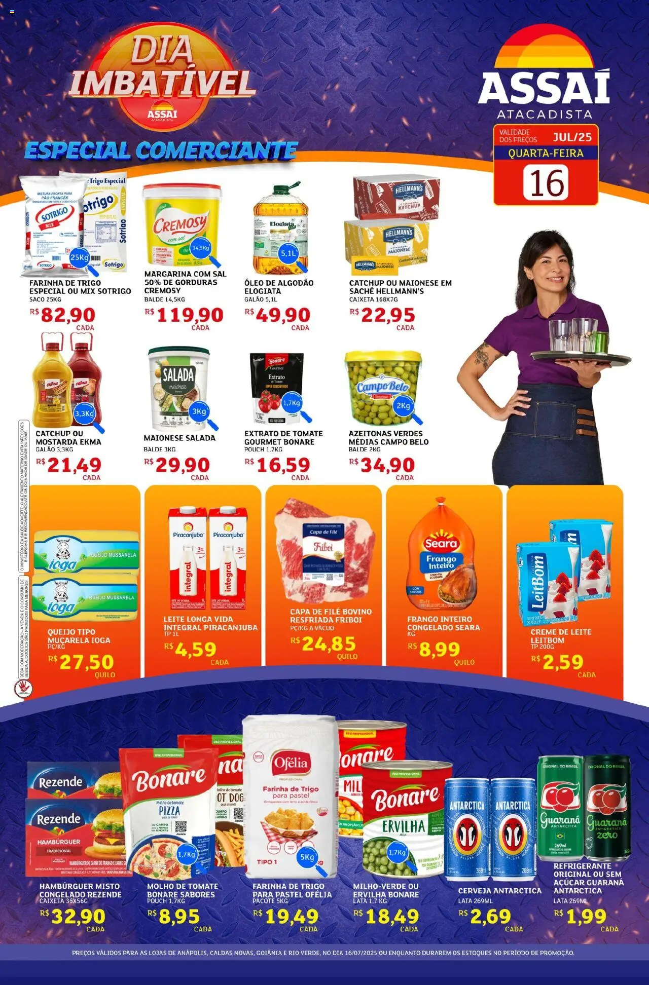 Assaí Atacadista folheto "Encarte - GO" válido a partir de 16/07/2025 - número de página 1 - Leite longa vida, Tomate, Muçarela, Algodão, Creme de leite, Maionese, Margarina, Balde