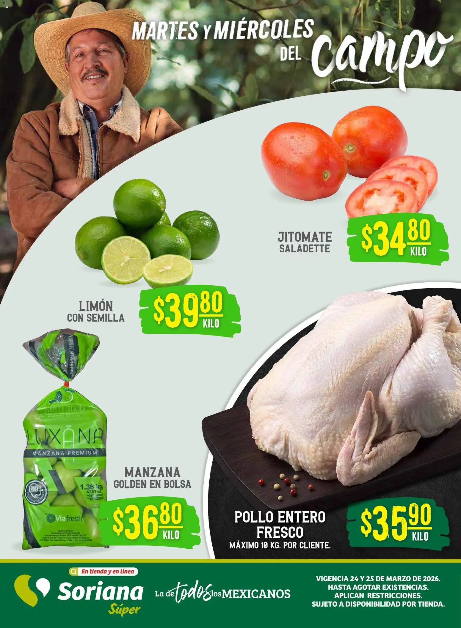 Vista previa las ofertas de la tienda Soriana - Soriana Martes y Miércoles del Campo Súper: BCS, Son y Sin desde el 24/03/2026 - Pollo, Manzana, Bolsa, Limón