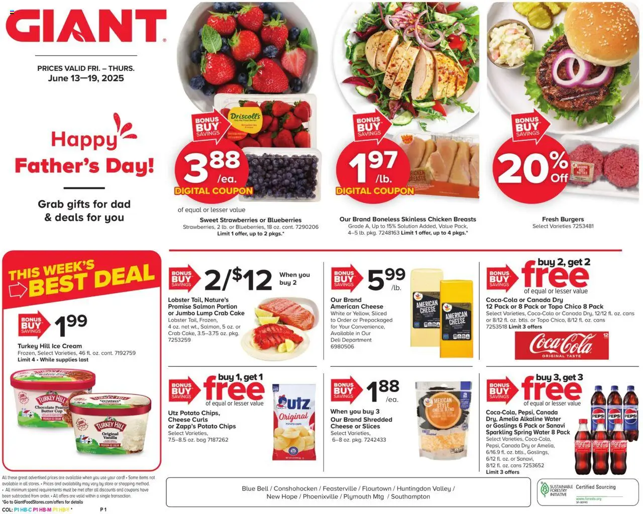 Giant Weekly Ad from 06/13/2025 - Flyer - Page number 1 - Spring water, Cheese, Chocolate, Water, Peanut butter, Blueberries, Bag, Vanilla