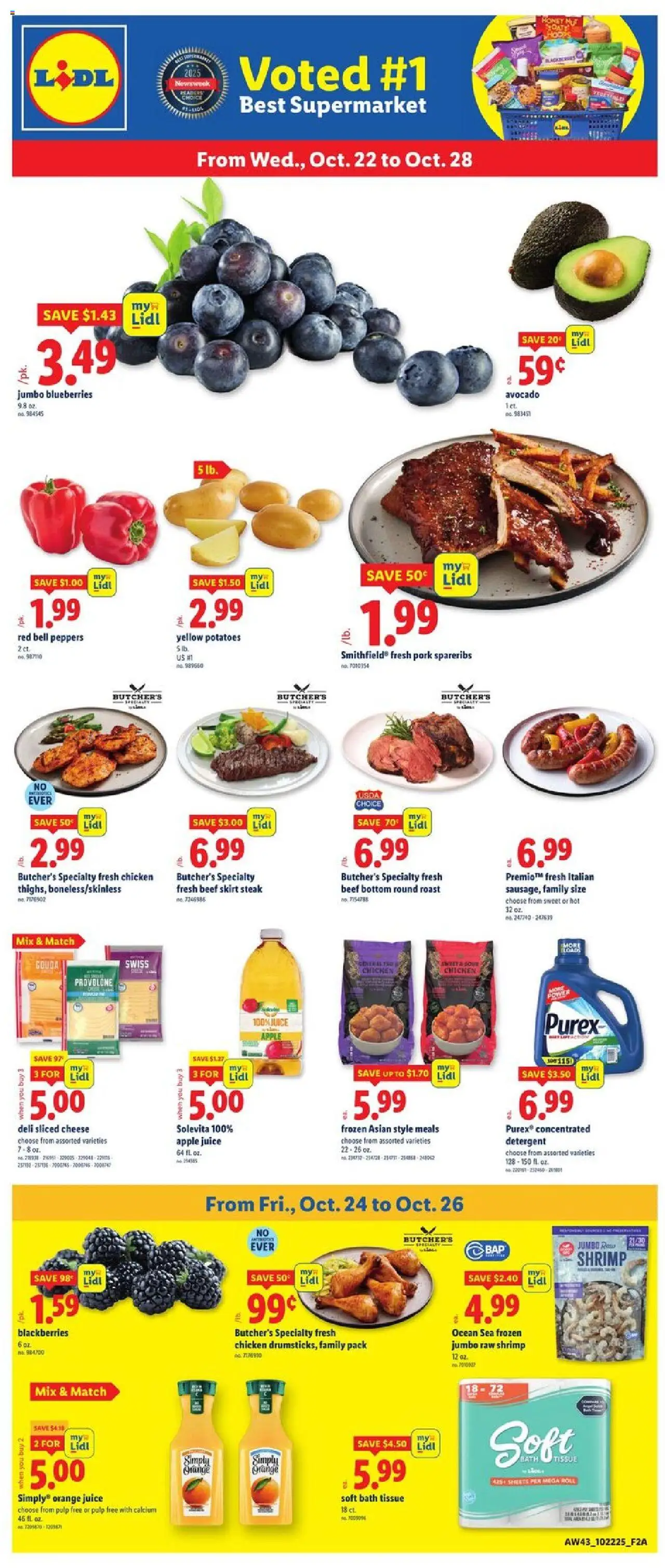 Lidl Weekly Ad - DC from 10/22/2025 - Circular, Weekly flyer - Page number 1 - Honey, Potatoes, Blueberries, Beef, Bath, Orange juice, Apple juice, Chicken