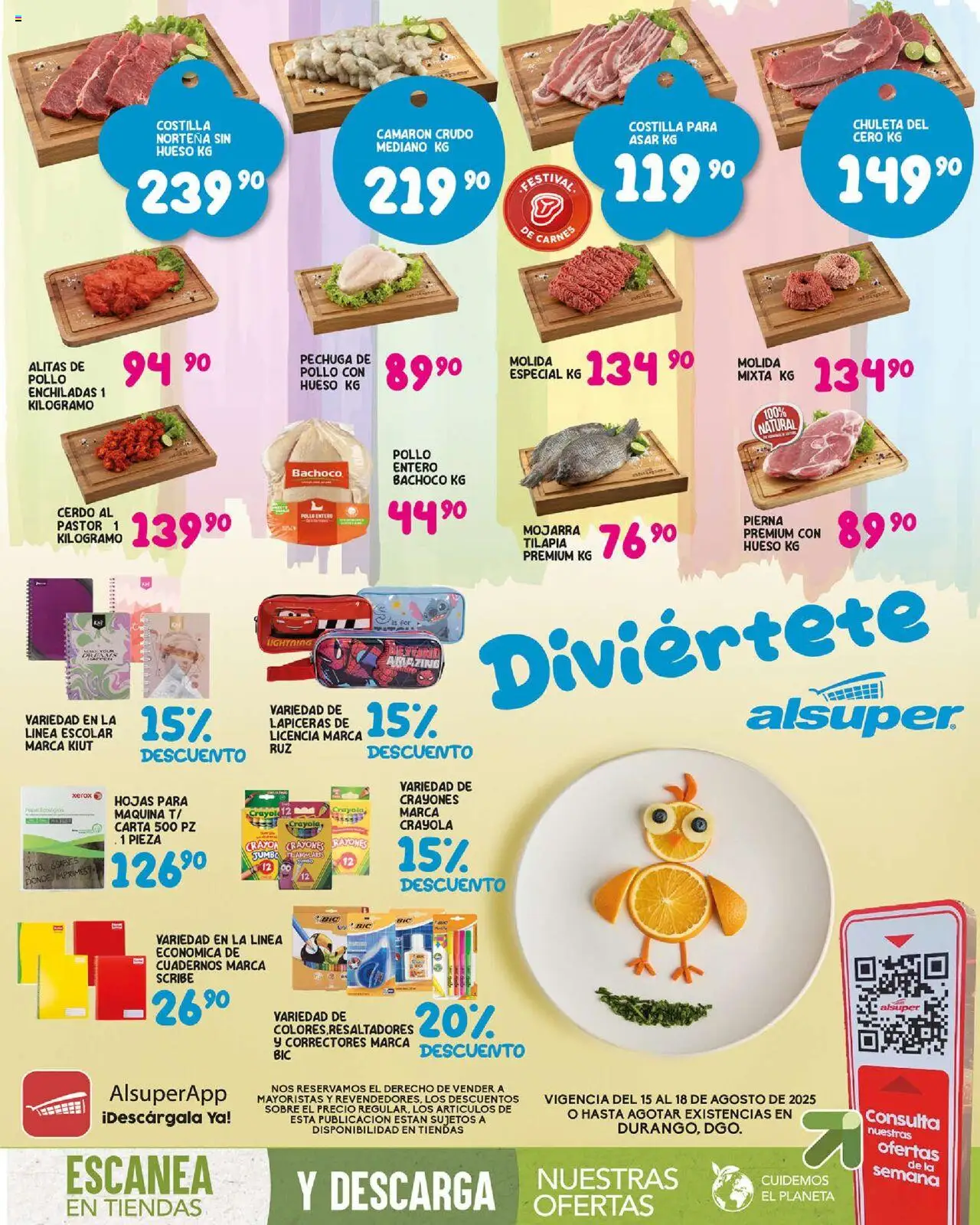 Folleto - Durango Alsuper y sus promociones válidas desde el 15/08/2025 - Número de página 1 - Pollo, Cerdo, Tilapia, Sobre, Cuadernos, Chuleta, Alitas de pollo