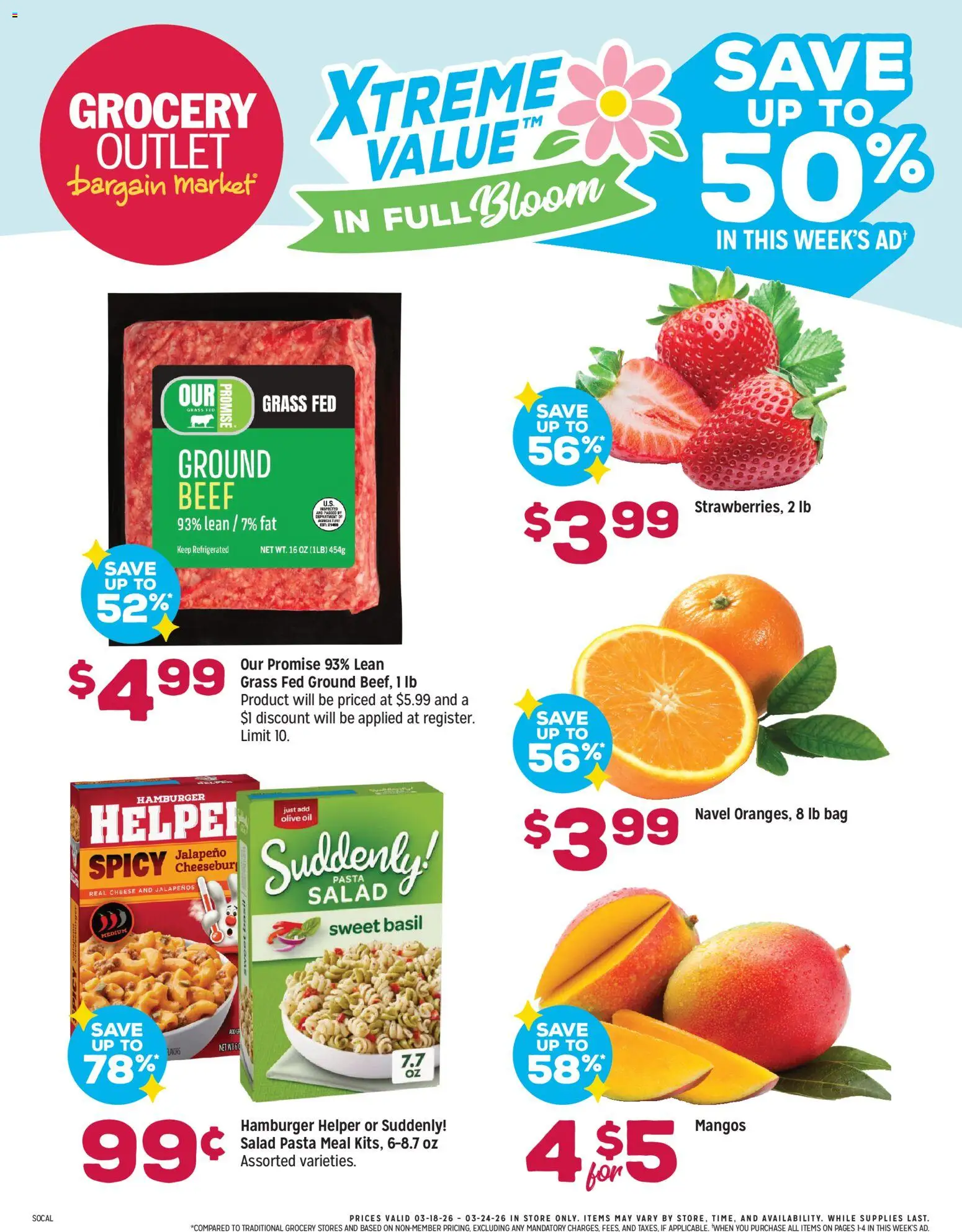 Ad Preview of Grocery Outlet Grocery Outlet Weekly Ad - CA from 03/18/2026 - Pasta, Hamburger, Salad, Cheese, Beef, Ground beef, Bag