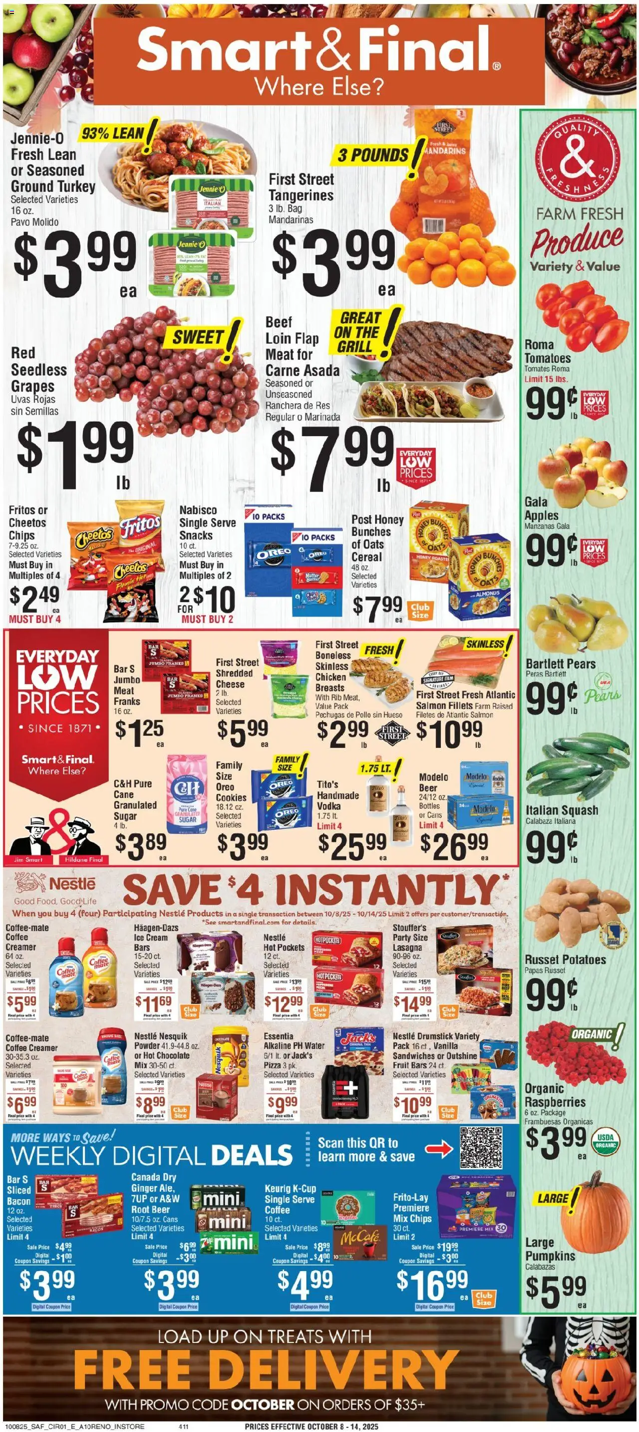 Smart & Final Weekly Ad from 10/08/2025 - Flyer - Page number 1 - Apples, Chocolate, Ginger, Tangerines, Cream, Powder, Ground turkey, Granulated sugar