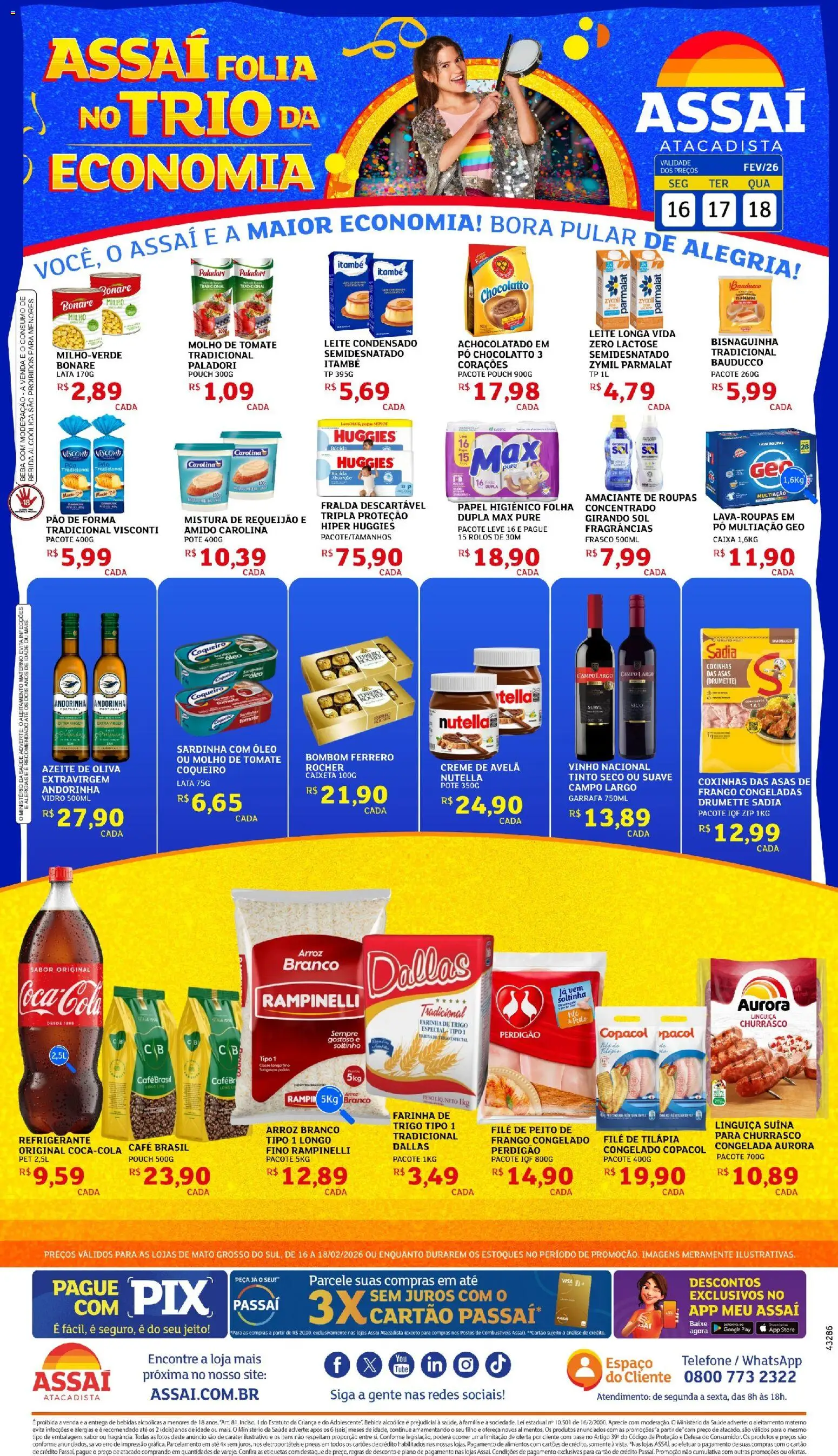 Pré-Visualização do folheto "Encarte - MS" da loja Assaí Atacadista válido a partir de 16/02/2026 - Vinho, Creme, Papel higiênico, Requeijão, Sardinha, Filé de tilápia, Creme de avelã, Girando sol