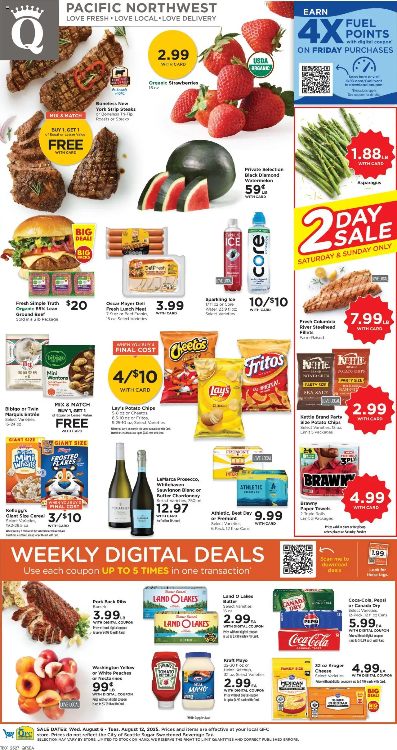 QFC Weekly Ad from 08/06/2025 - Flyer - Page number 1 - Chips, Dumplings, Watermelon, Cereal, Asparagus, Ginger, Pepsi, Sugar