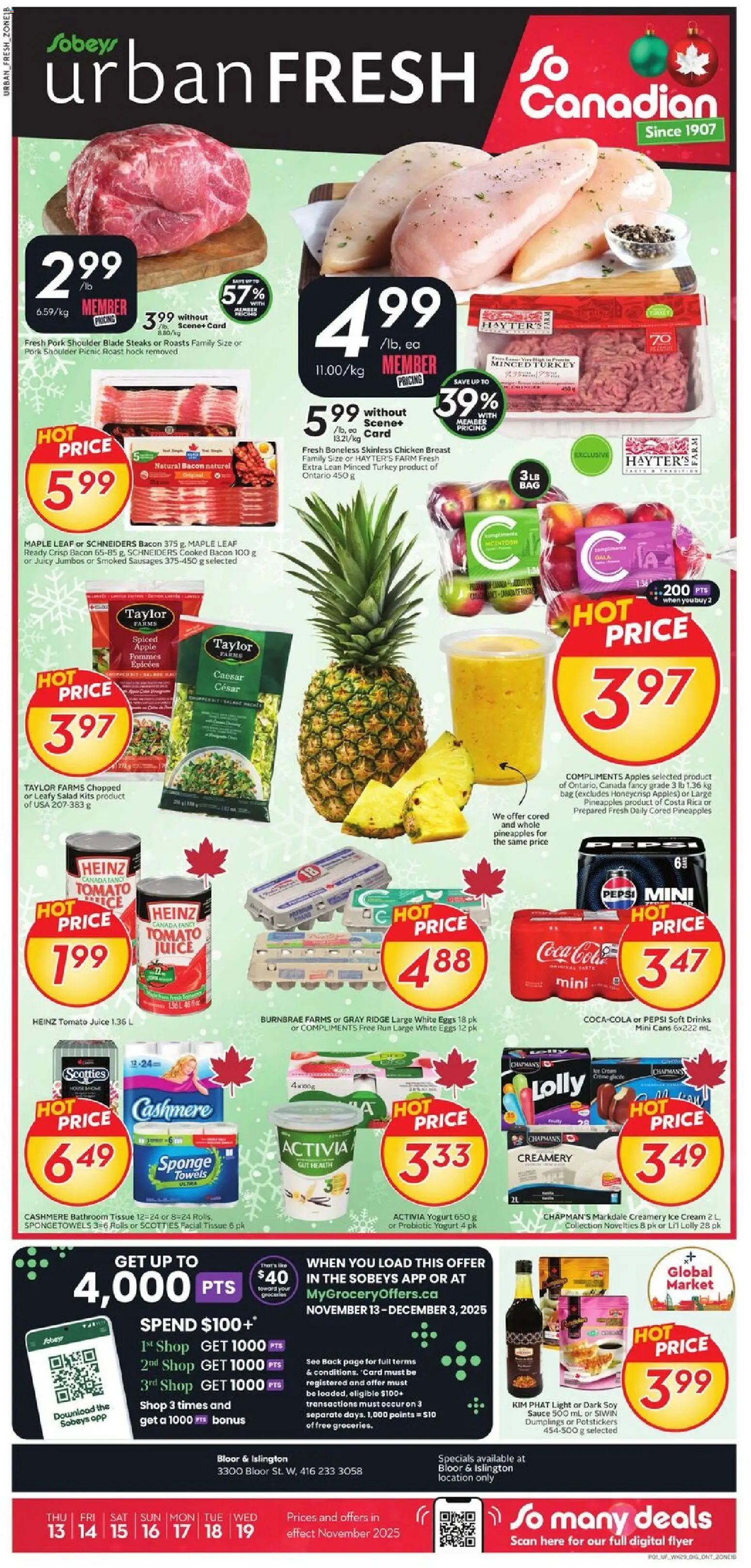 Preview of leaflet Weekly Flyer - ON from shop Sobeys is valid from Nov 13, 2025 - Eggs, Ice, Yogurt, Juice, Pepsi, Pork, Cream, Sponge
