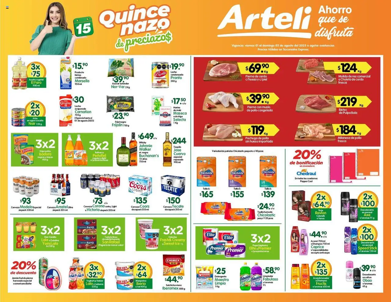Folleto Express Arteli y sus promociones válidas desde el 01/08/2025 - Número de página 1 - Pollo, Azúcar, Maíz, Leche, Acondicionador, Chuleta, Margarina, Limpiador