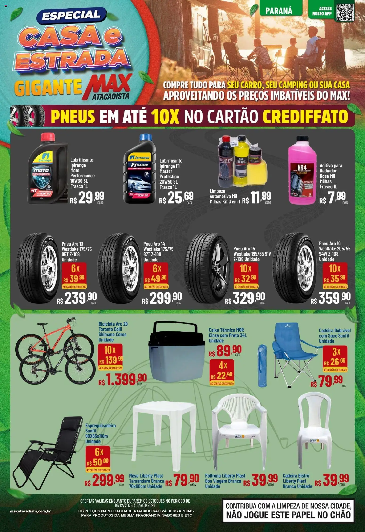 Pré-Visualização do folheto "Ofertas Casa e Estrada" da loja Max Atacadista válido a partir de 16/12/2025 - Bicicleta, Cadeira, Mesa, Pneu, Pneus, Caixa térmica, Radiador, Espreguiçadeira
