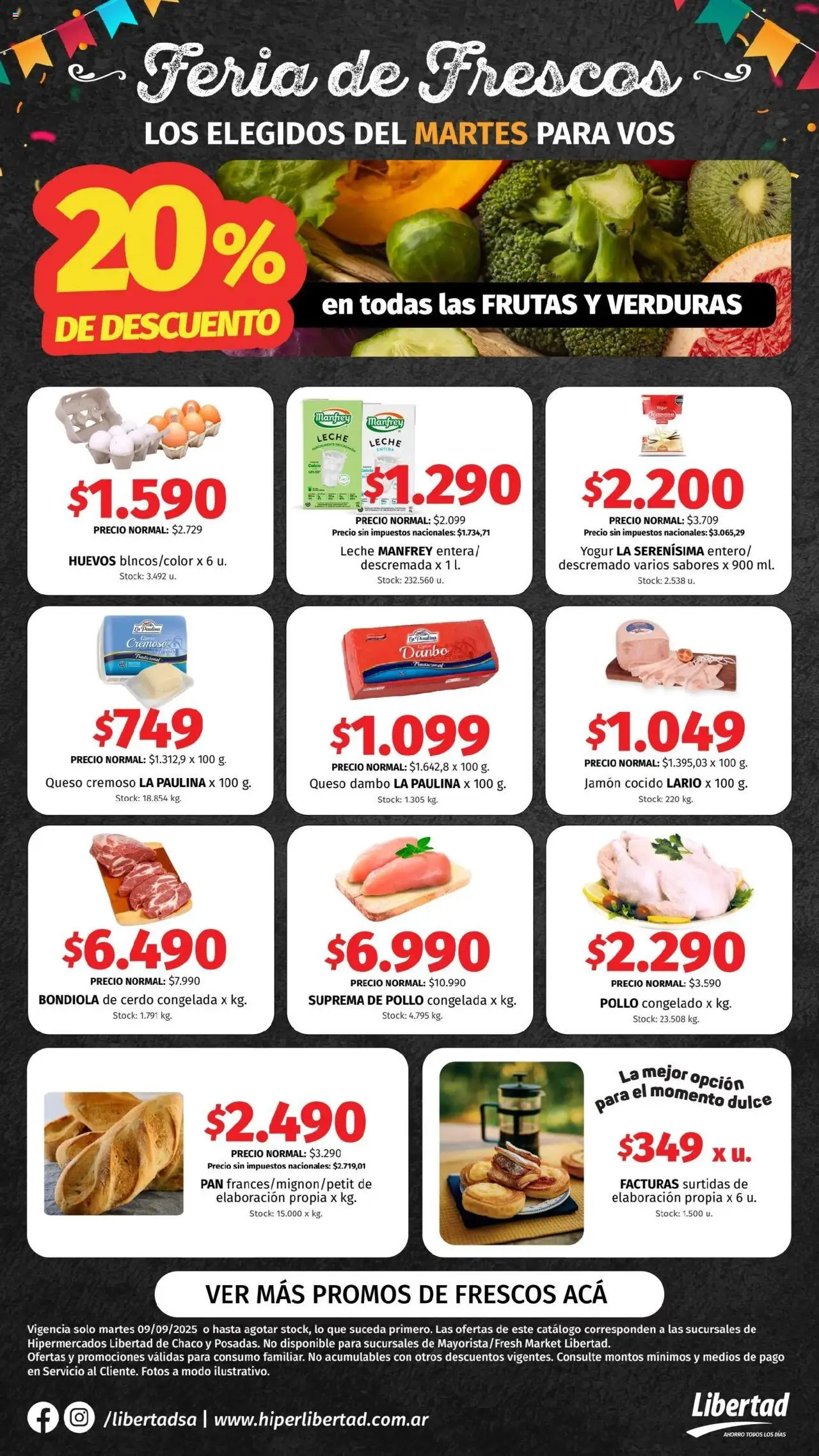 Hipermercado Libertad Feria de Frescos - NEA del 09/09/2025 Online - Pollo, Queso, Pan, Leche, Huevos, Cerdo, Jamón cocido, Leche entera