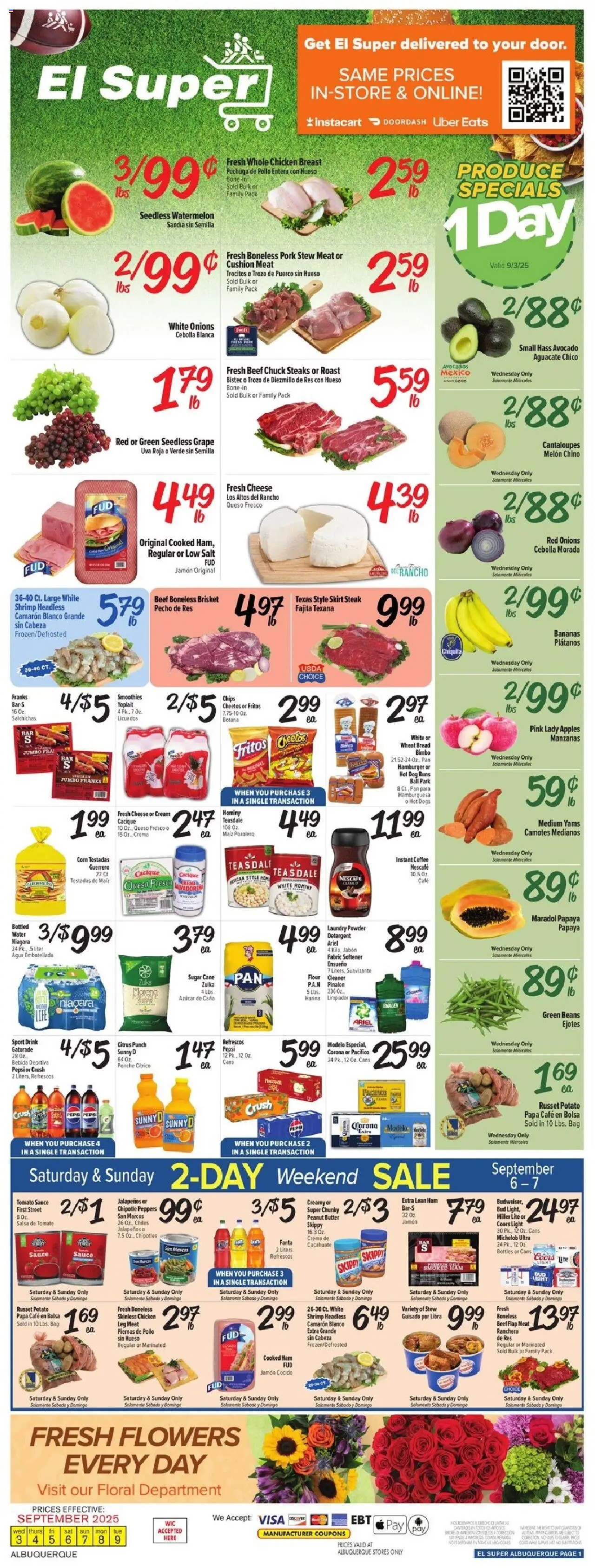 El Super Weekly Ad - NM from 09/03/2025 - Flyer - Page number 1 - Coffee, Flowers, Hot Dogs, Salt, Ham, Cream, Powder, Fabric softener