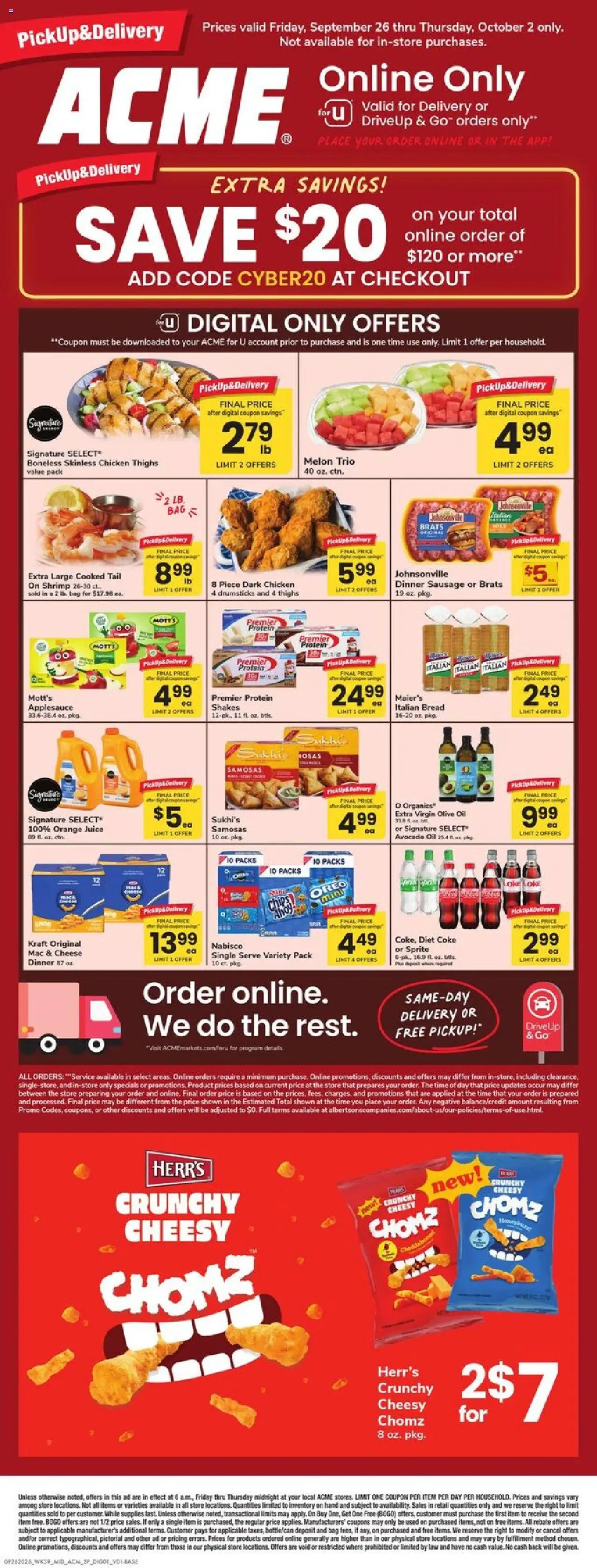 Acme Specialty Publication from 09/26/2025 - Circular, Flyer - Page number 1 - Cheese, Juice, Oil, Oreo, Sausage, Chicken thighs, Drumsticks, Chicken