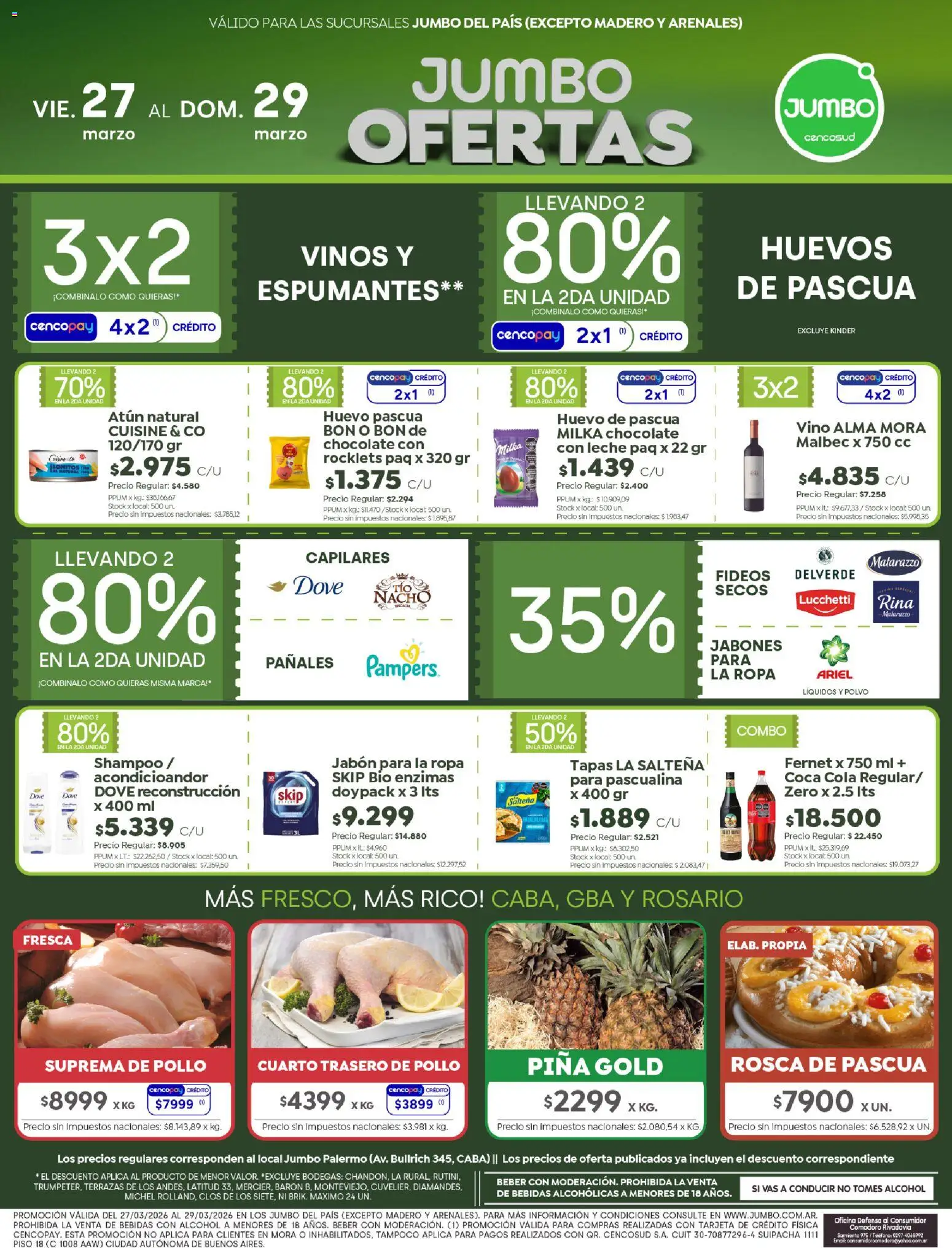 Vista previa del folleto de la tienda Jumbo válido desde el 26/03/2026 - Fernet, Alcohol, Leche, Huevos, Atún, Pañales, Piña, Polvo