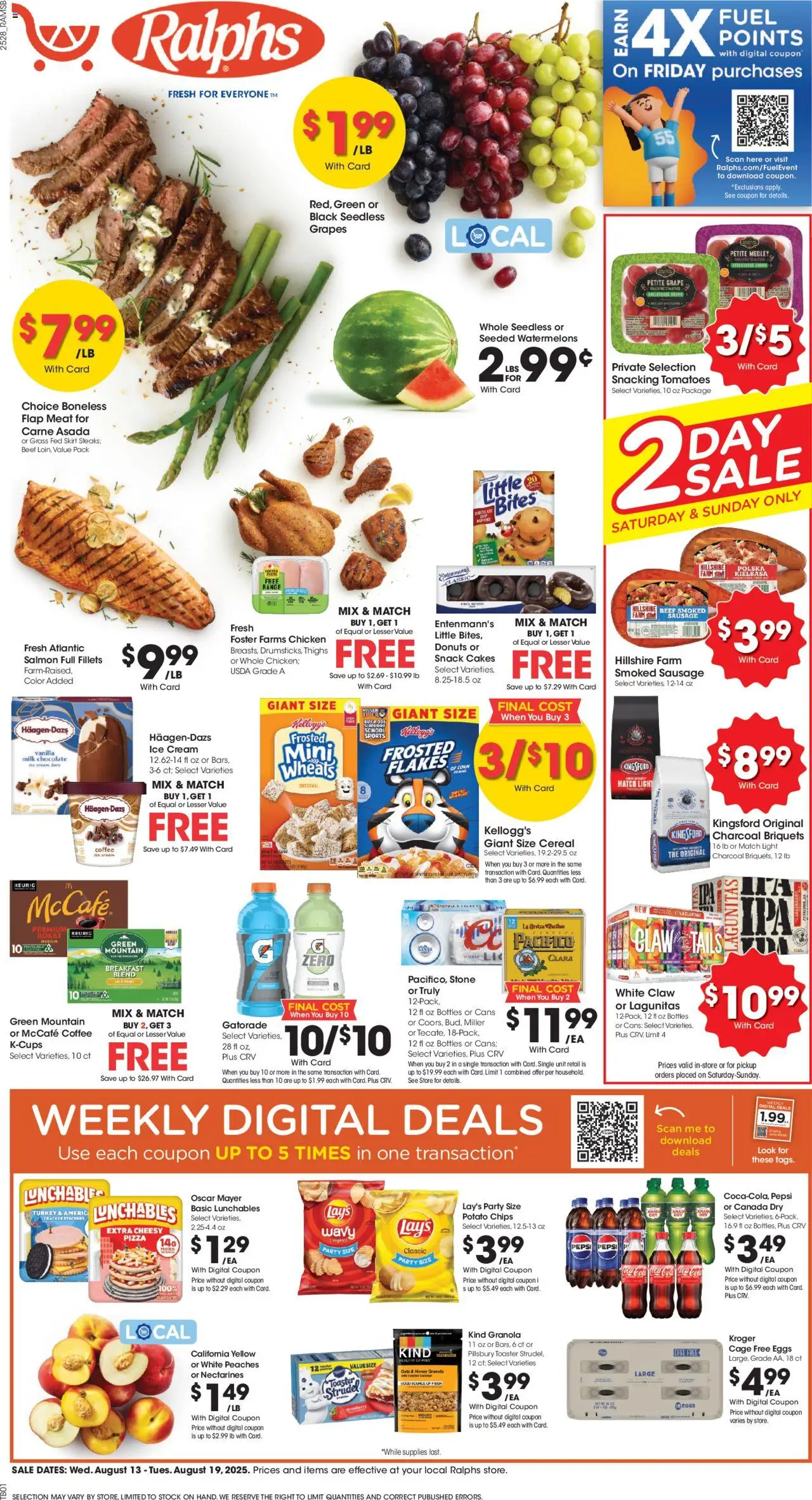 Ralphs Weekly Ad from 08/13/2025 - Flyer - Page number 1 - Coffee, Ice, Eggs, Chips, Salmon, Cereal, Pepsi, Sausage